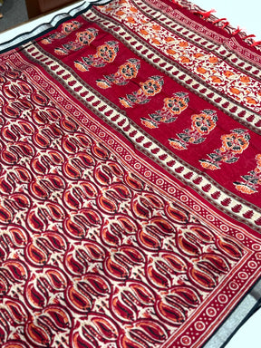 Red Ikkat Ajrakh Print Viscose Saree