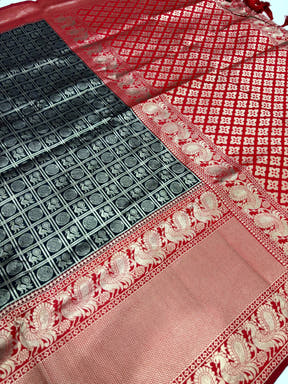 Black Silver Zari Butta Kanjivaram Silk Saree