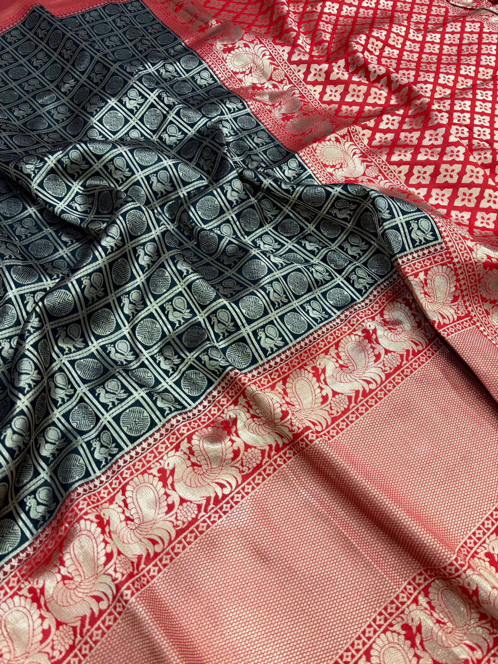 Black Silver Zari Butta Kanjivaram Silk Saree
