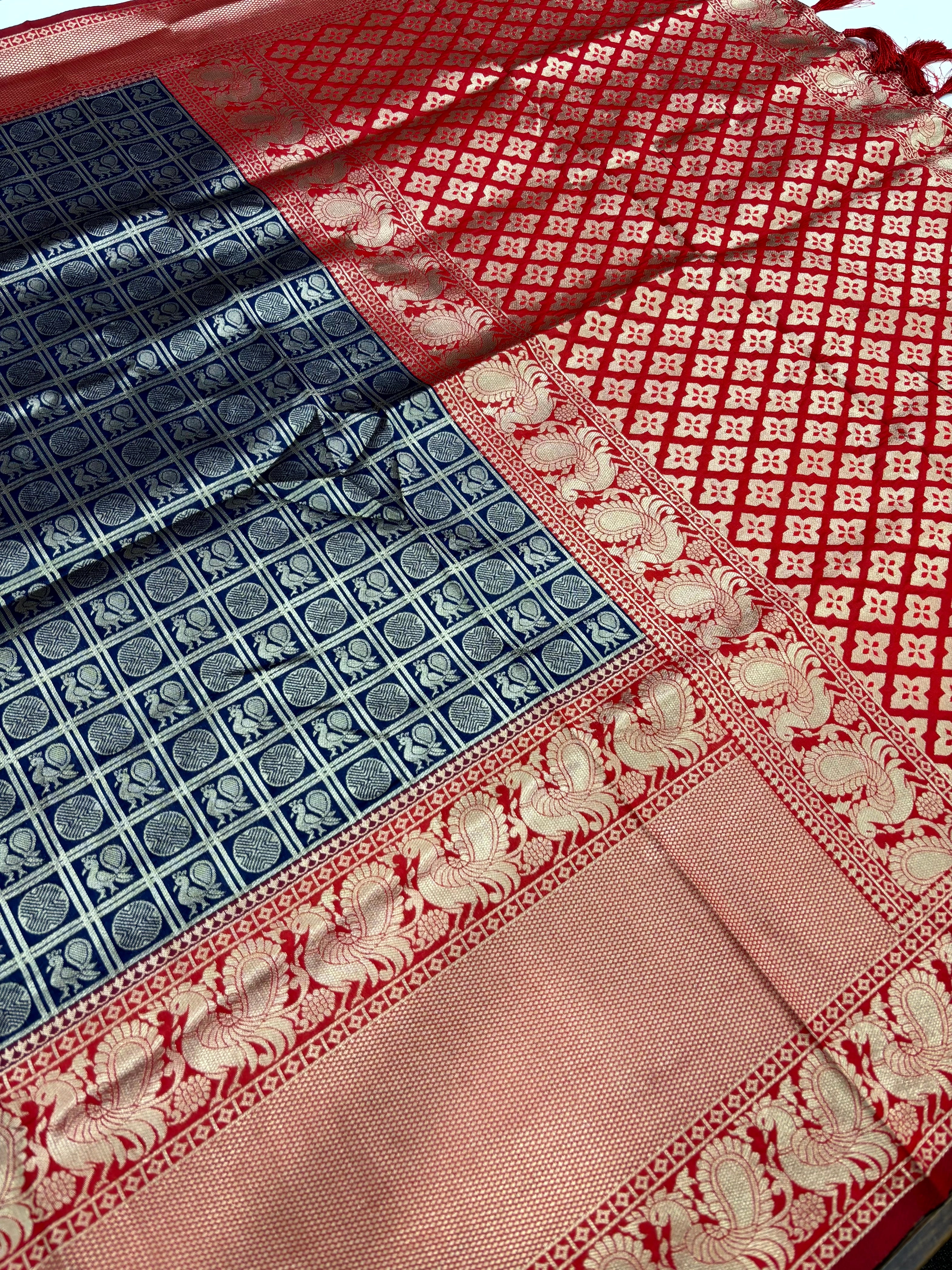 Navy Blue Silver Zari Butta Kanjivaram Silk Saree