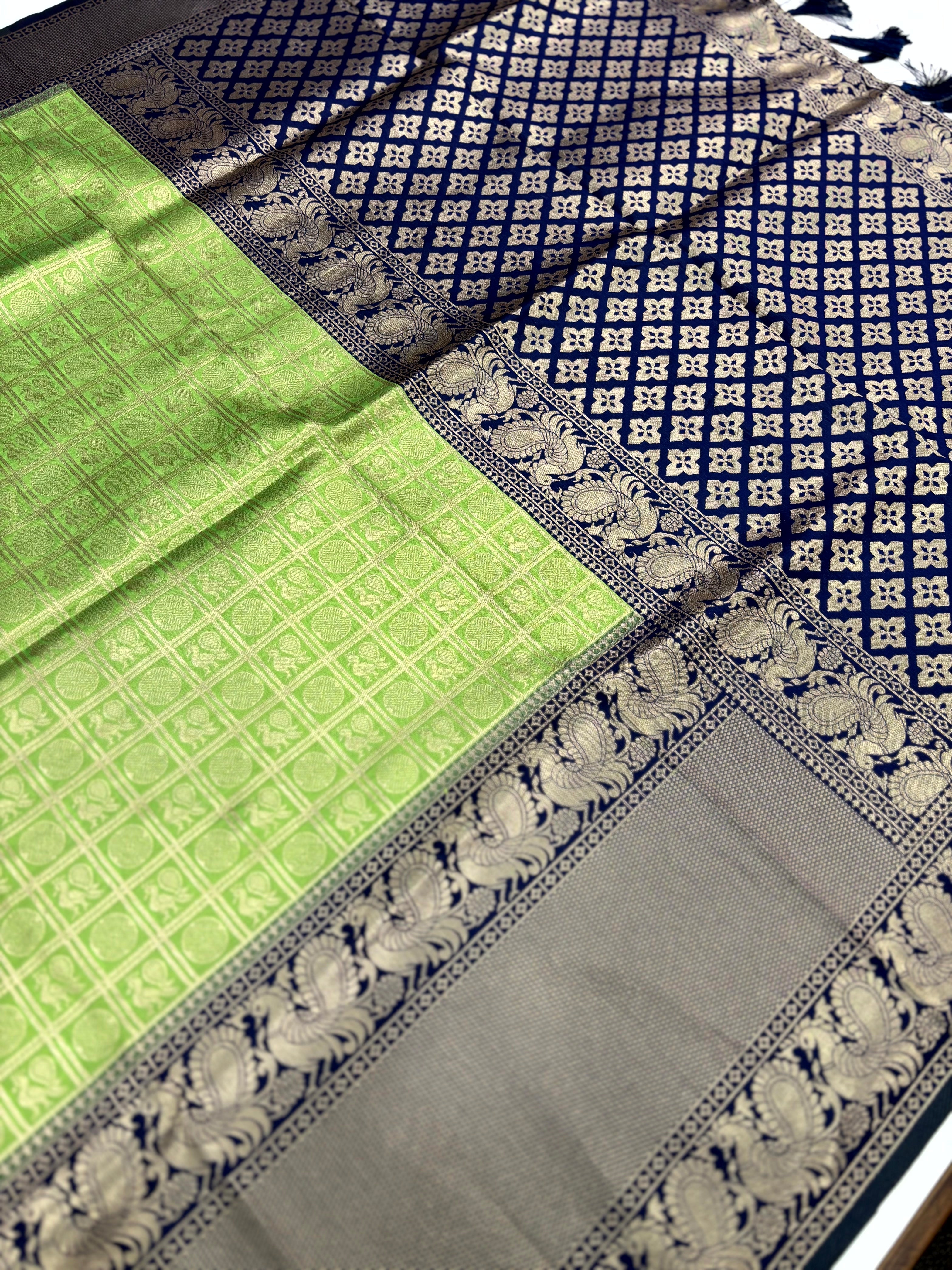 Green Silver Zari Butta Kanjivaram Silk Saree