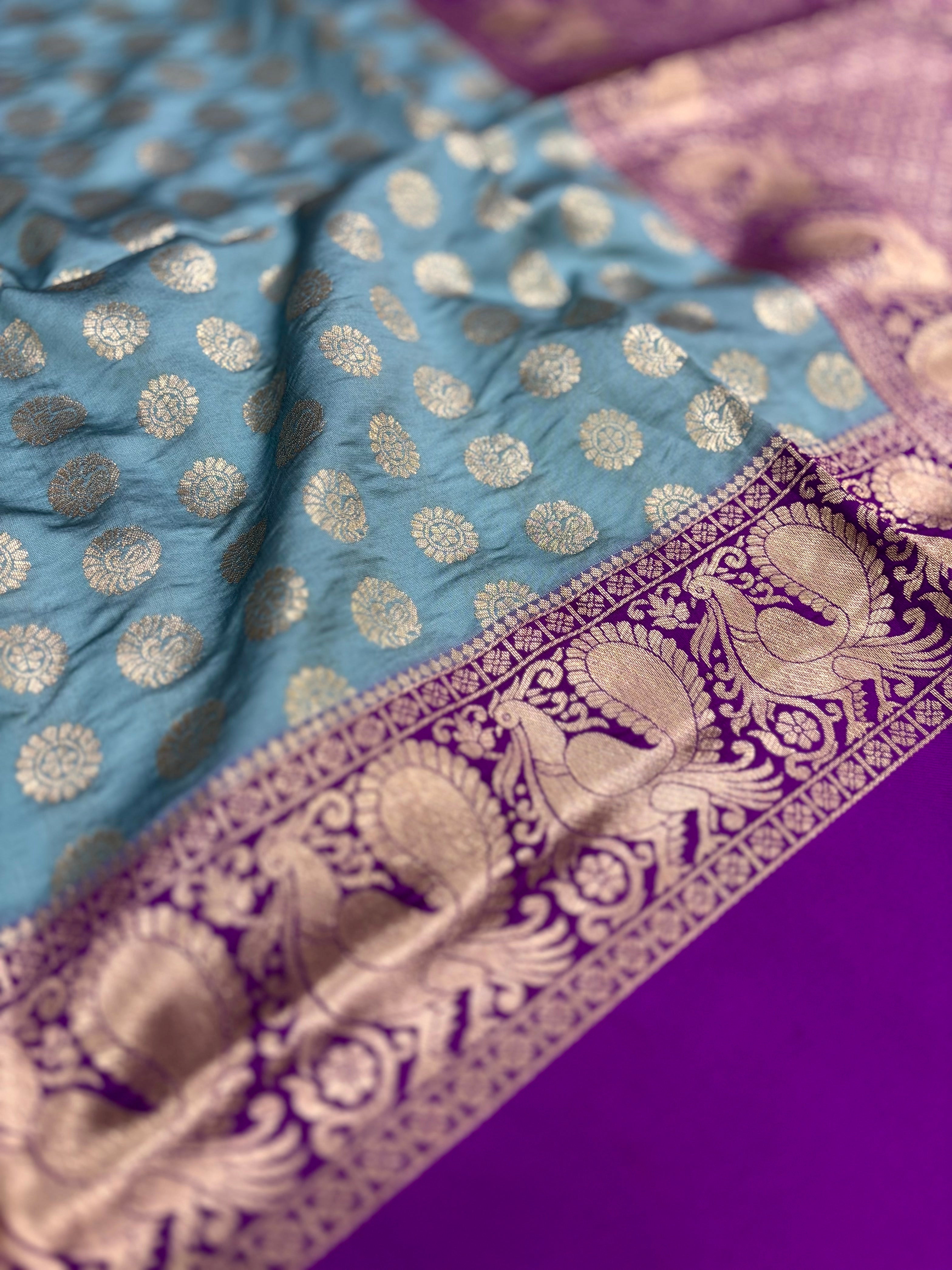 Radiant Rama Banarasi Silver Buttas Zari Weaving Saree