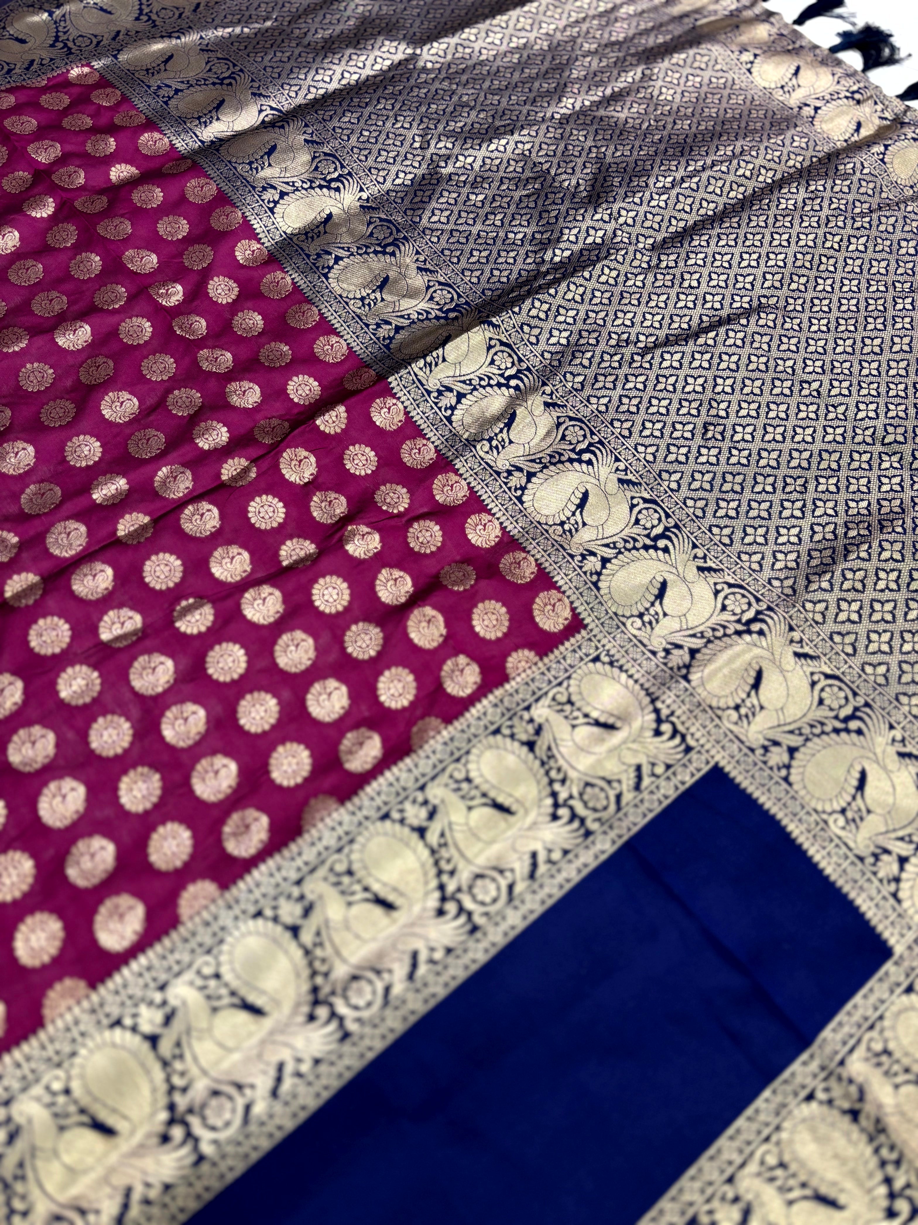 Dark Wine Banarasi Silver Buttas Zari Weaving Saree