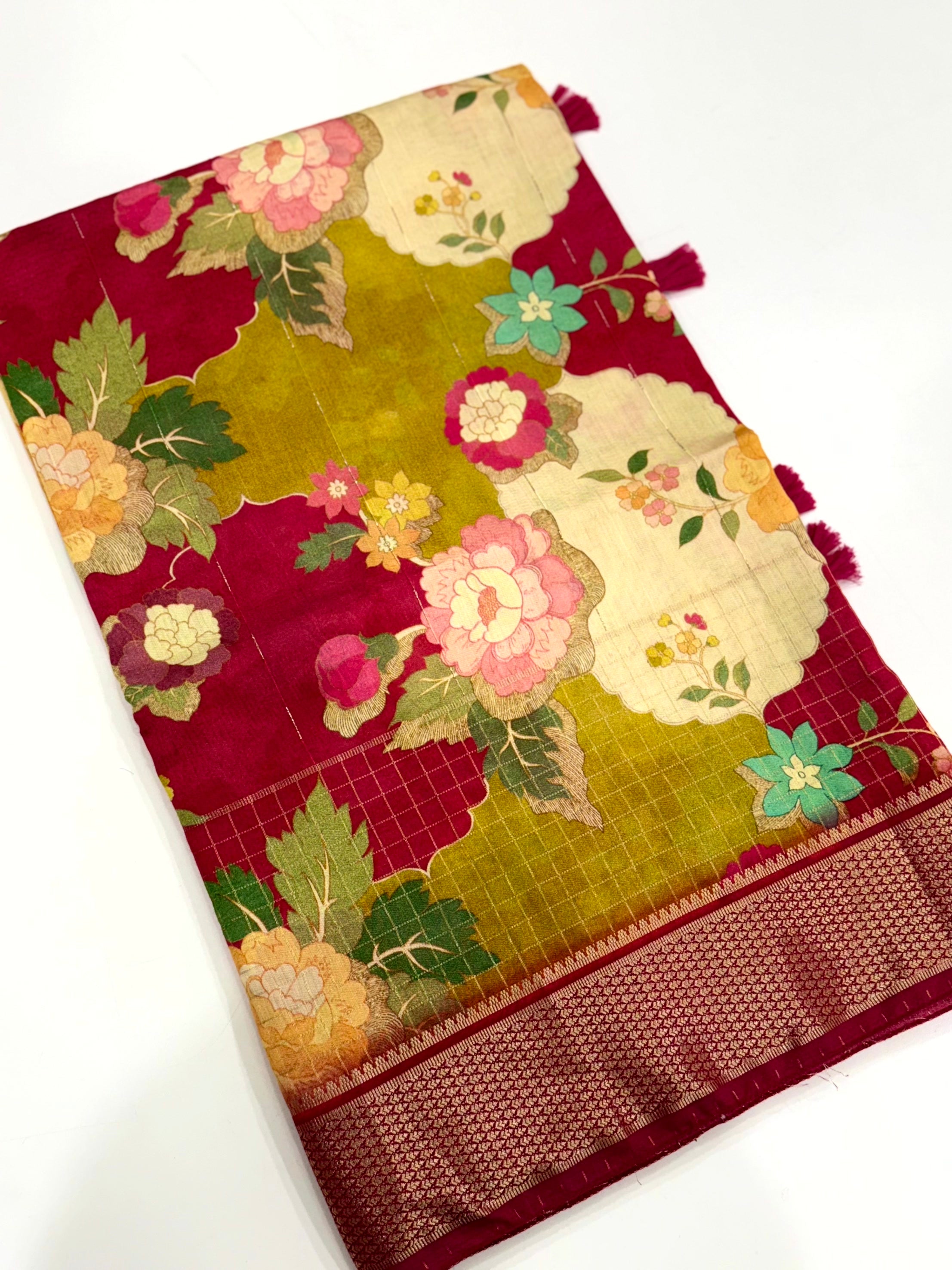 Maroon Cotton Viscose Floral Saree