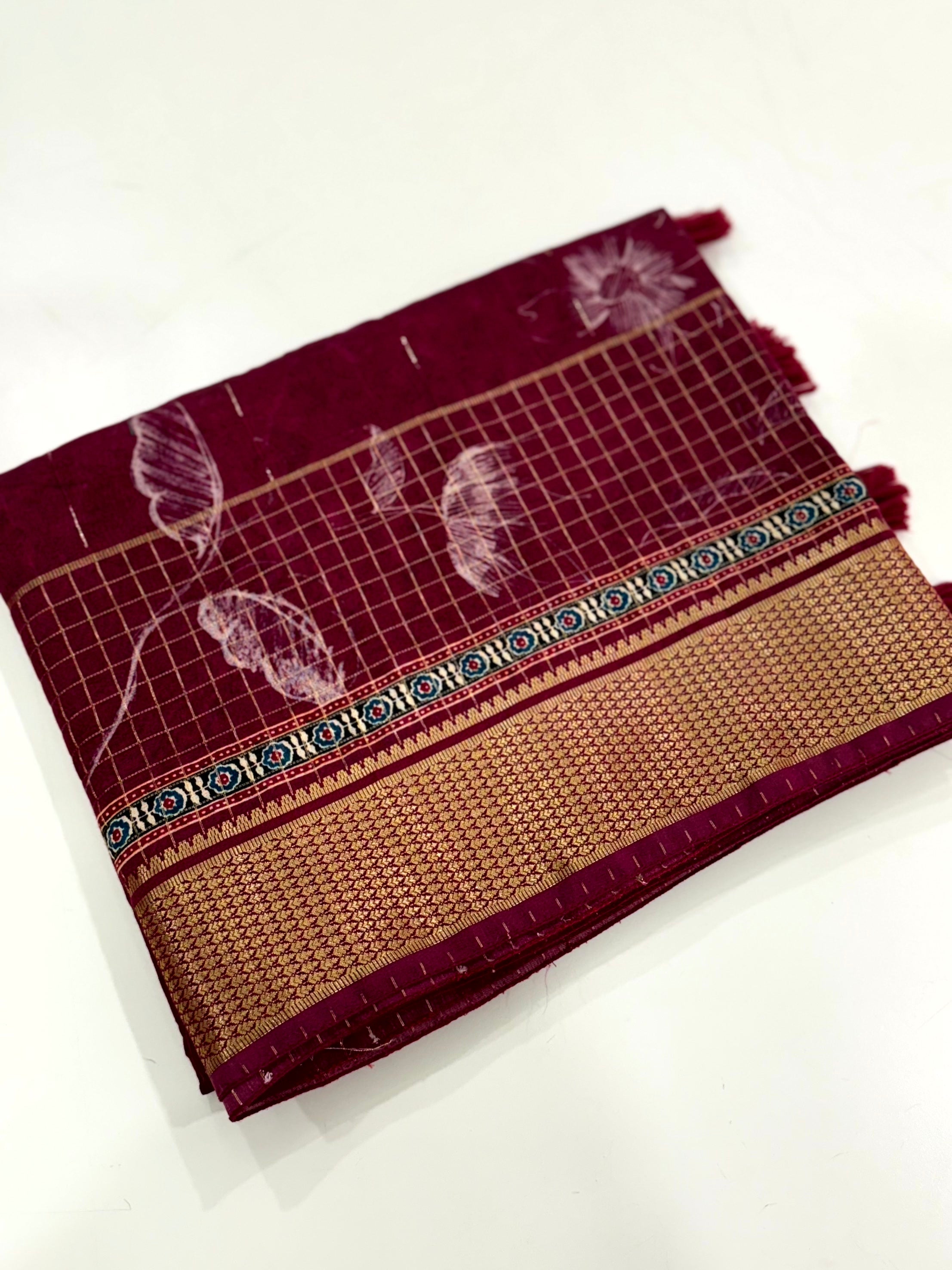 Elegant Wine Cotton Viscose Saree