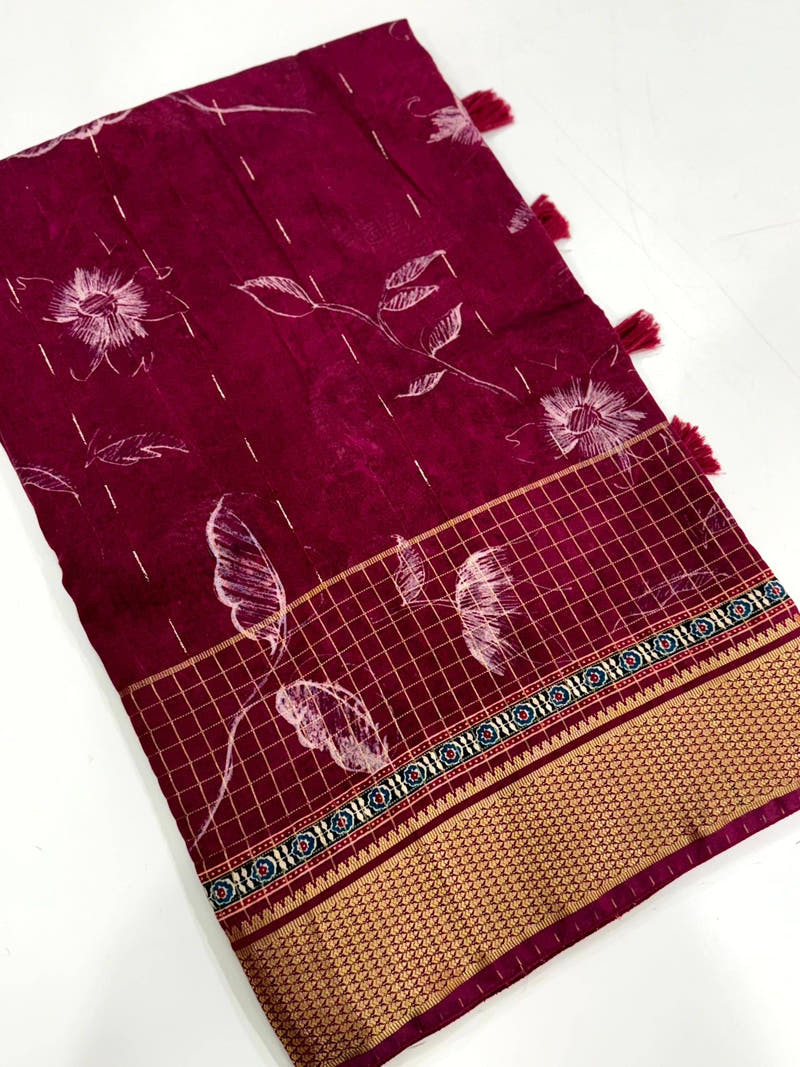 Elegant Wine Cotton Viscose Saree