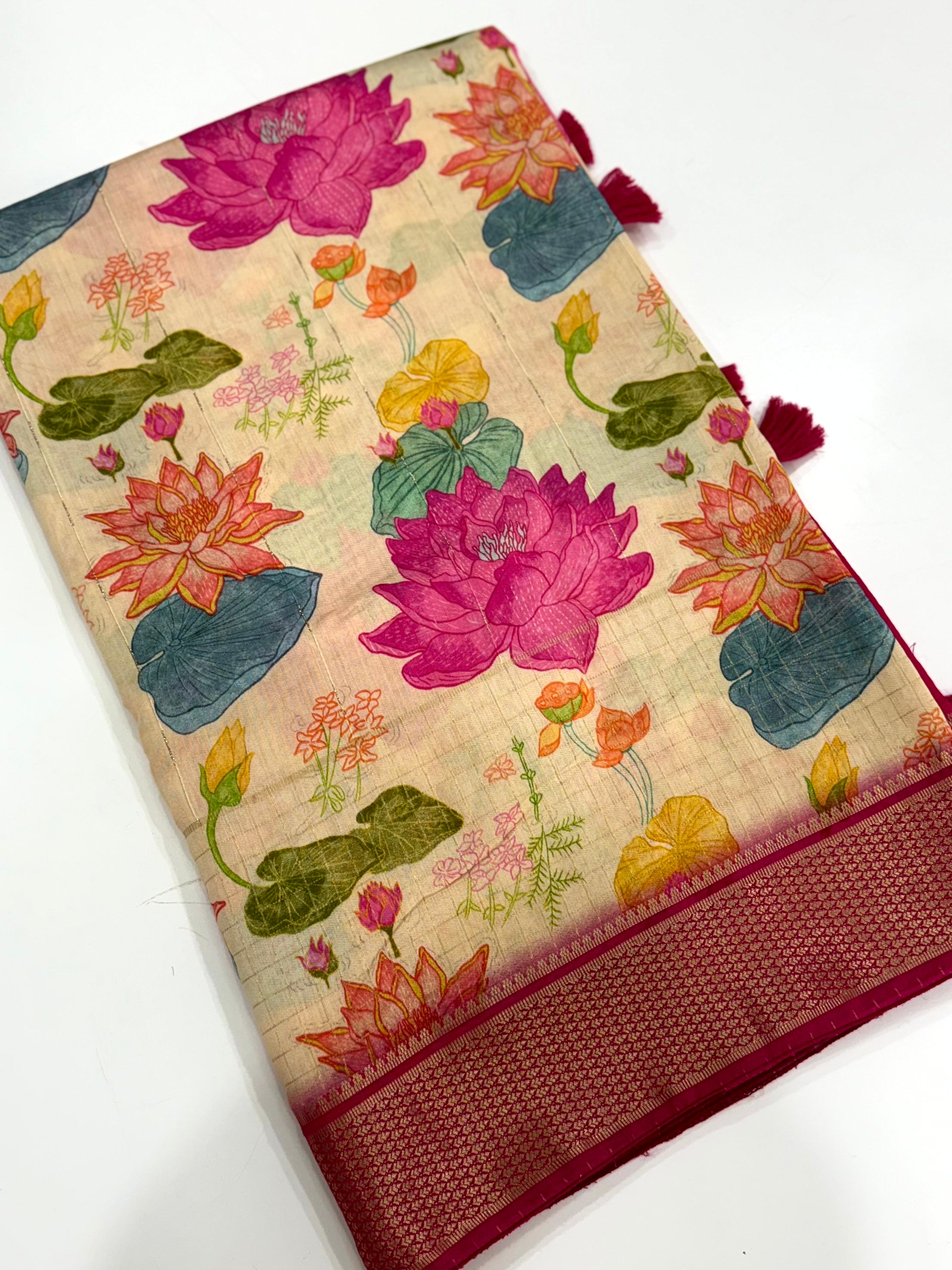 Cream Cotton Viscose Lotus Floral Print Saree