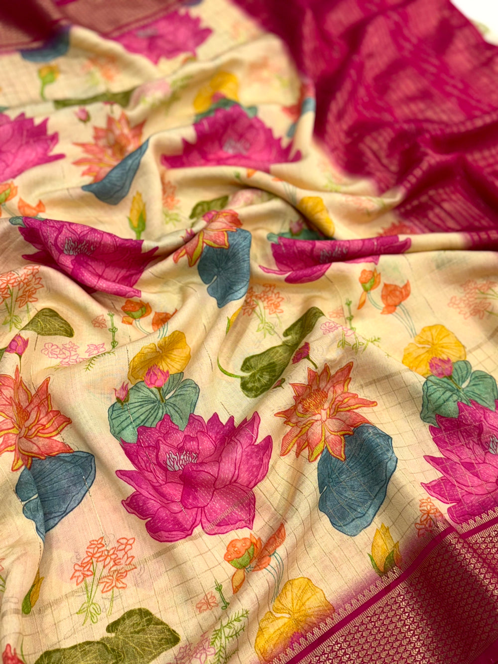 Cream Cotton Viscose Lotus Floral Print Saree