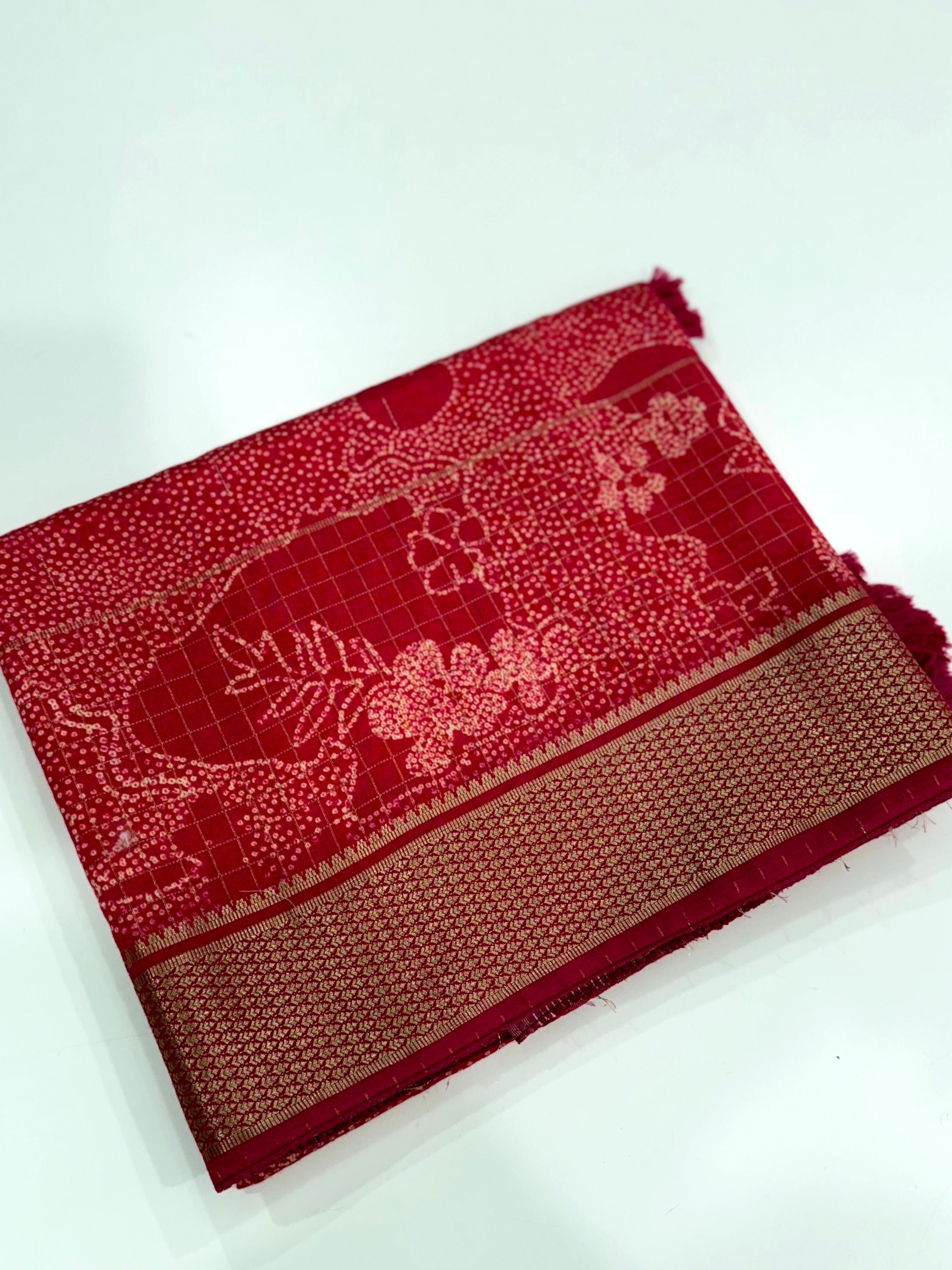 Rose Red Cotton Viscose Bandhej Saree
