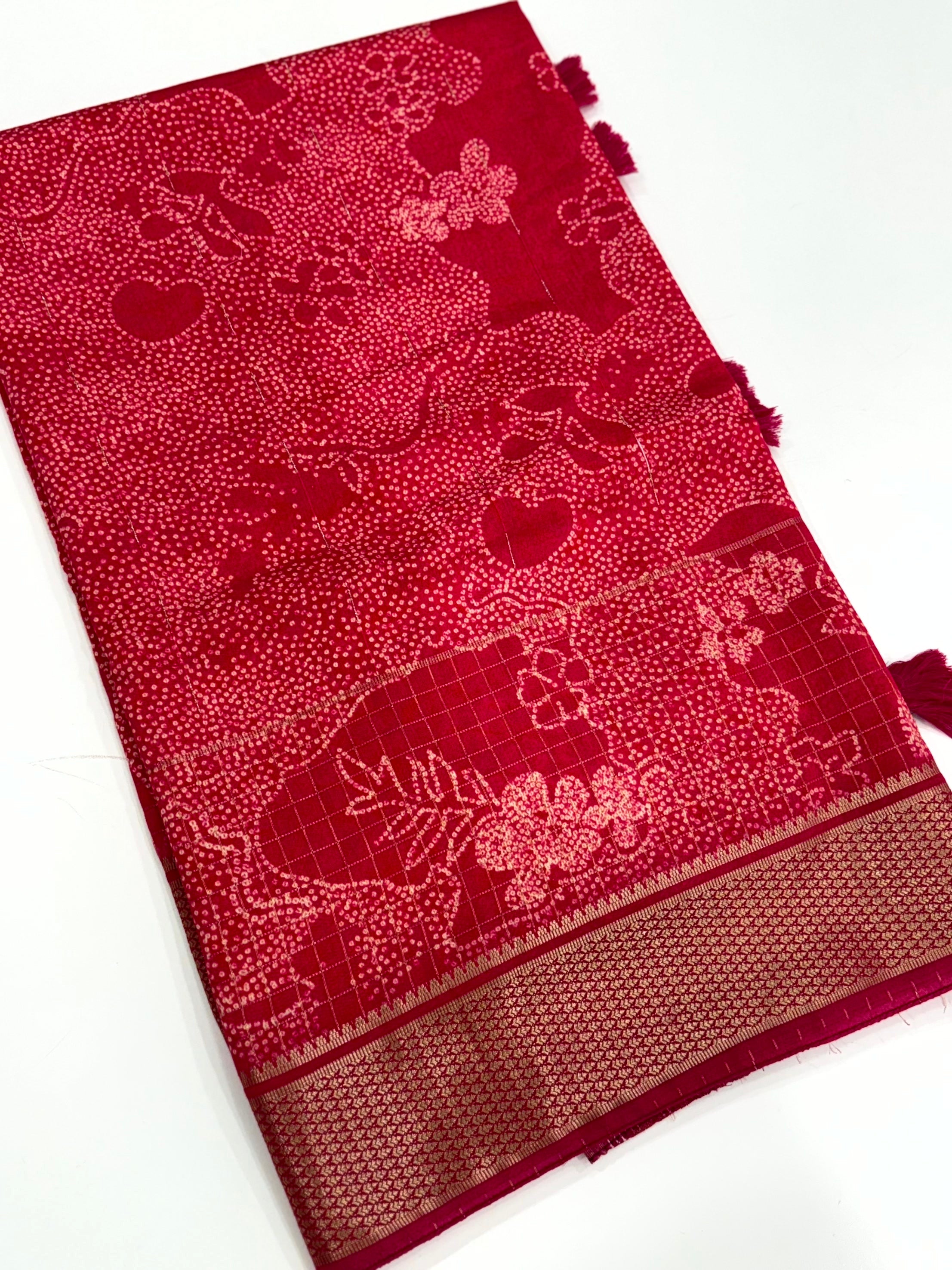 Rose Red Cotton Viscose Bandhej Saree
