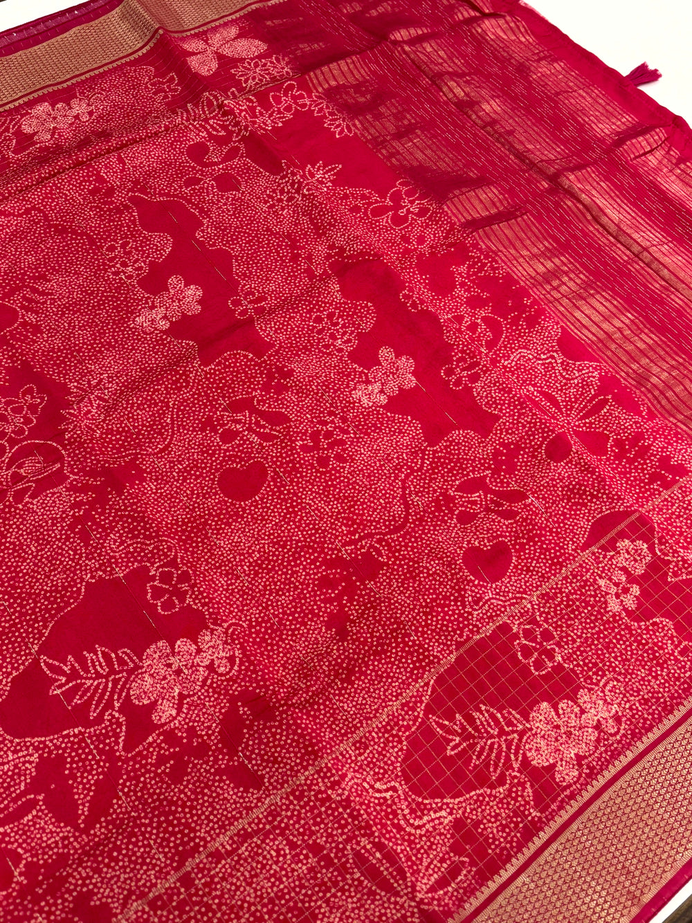 Rose Red Cotton Viscose Bandhej Saree