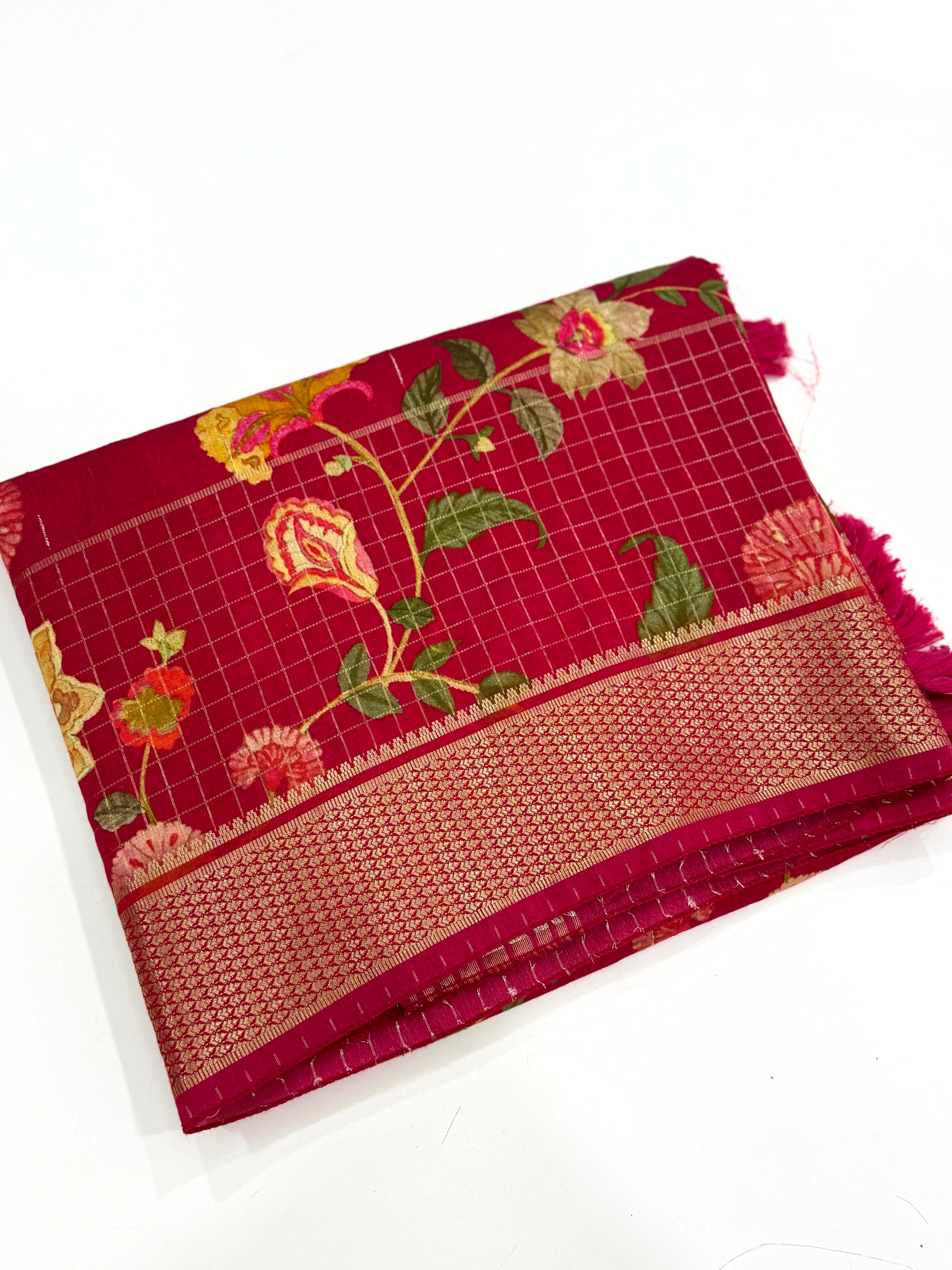 Deep Red Cotton Viscose Floral Vine Saree