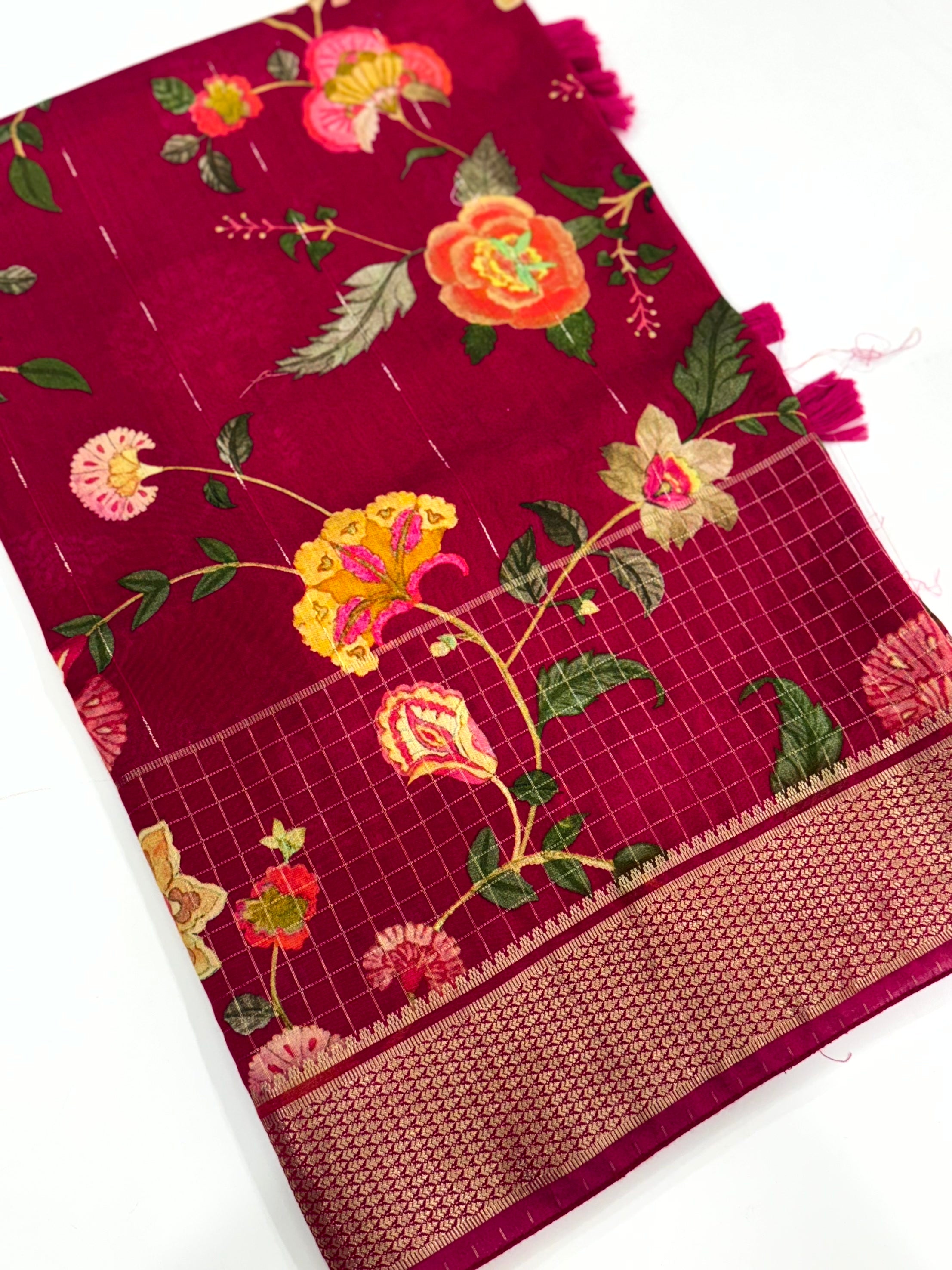 Deep Red Cotton Viscose Floral Vine Saree