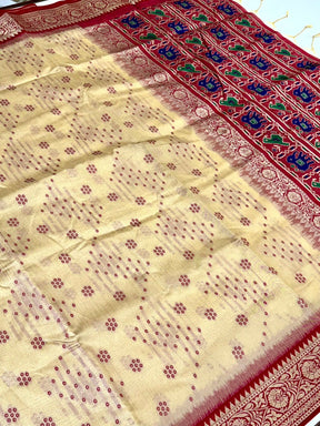 Cream Bandhej Pochampally Raw Silk Saree