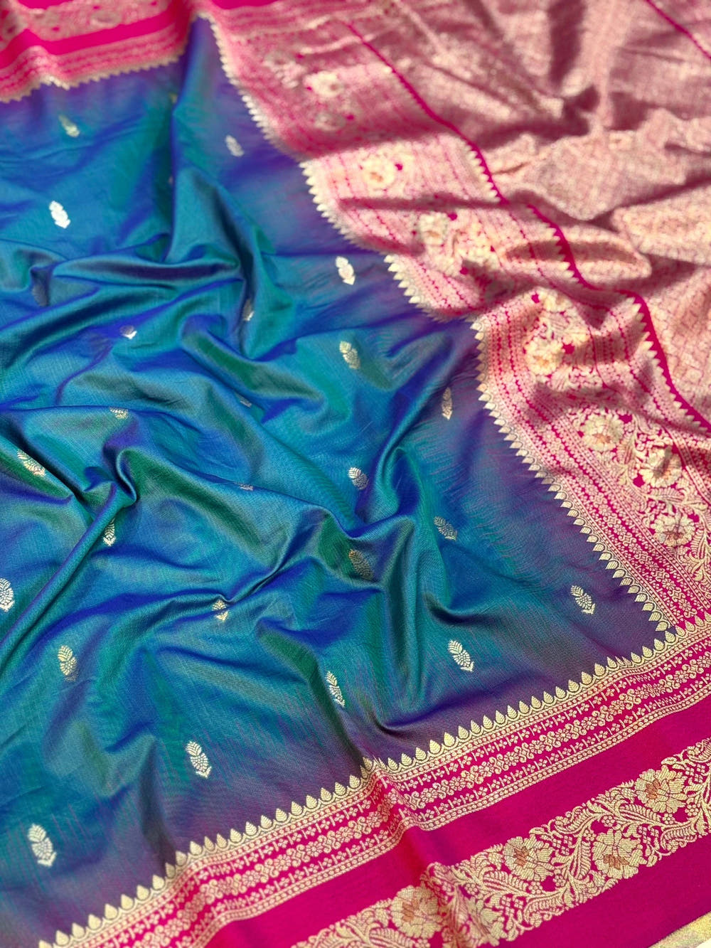 Gold Zari Woven Teal Soft Silk Saree

