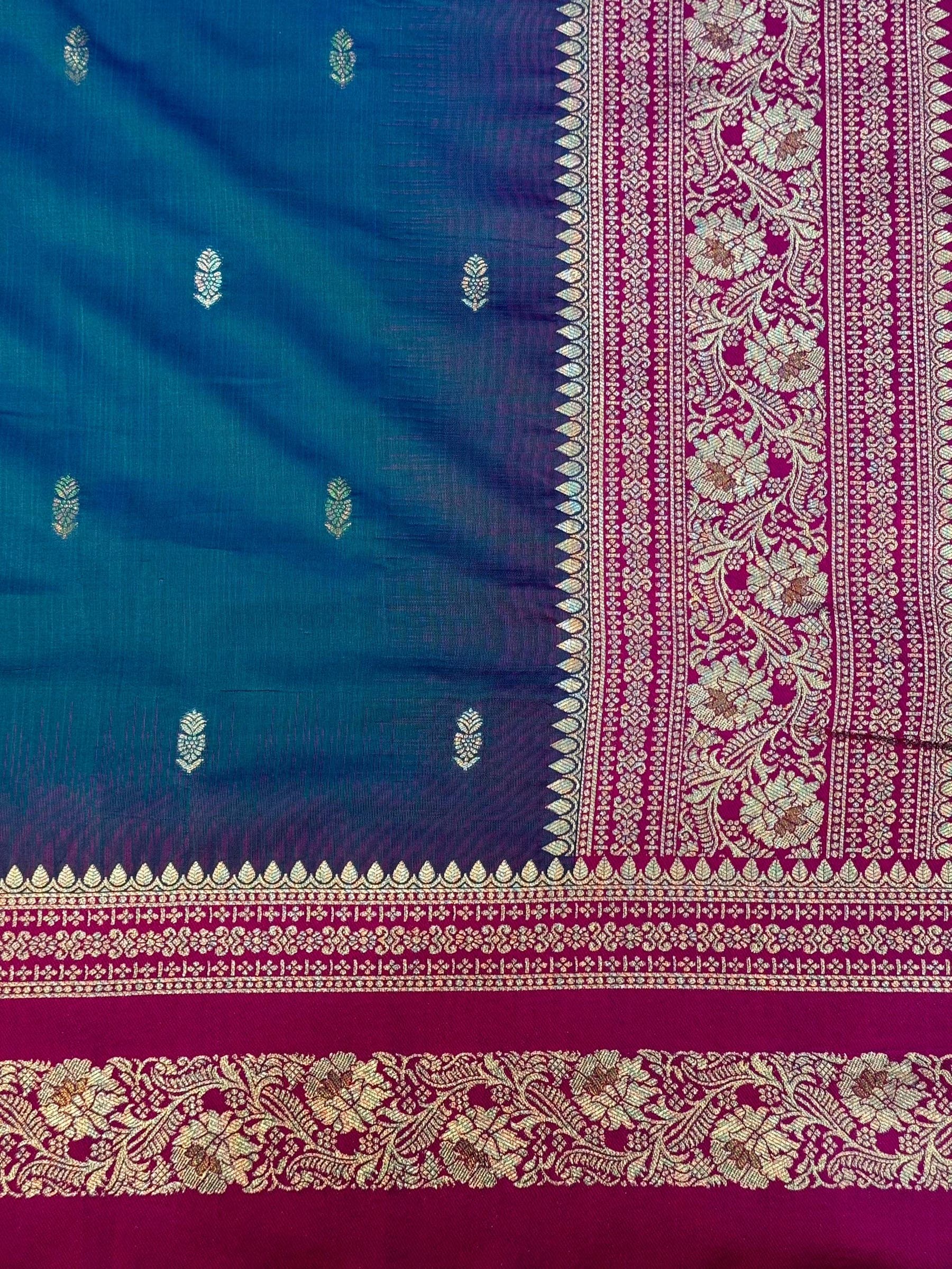Gold Zari Woven Teal Soft Silk Saree

