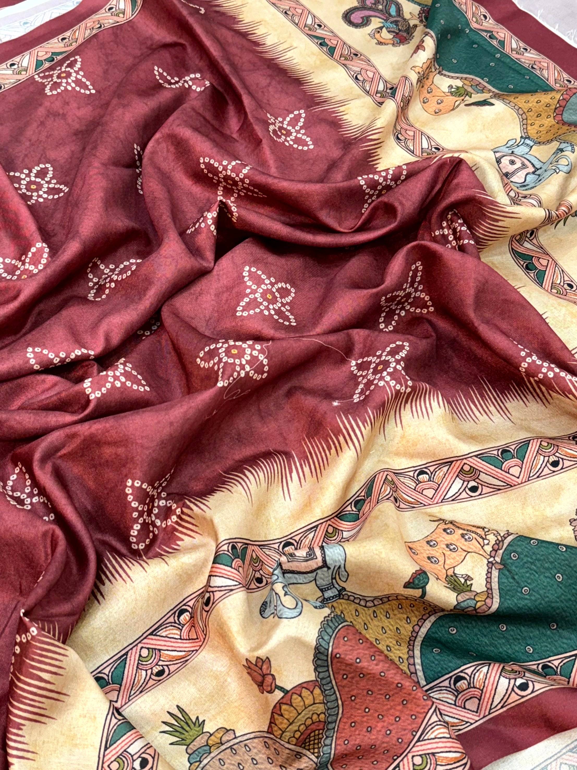 Stylish Semi Tussar Silk Kalamkari Saree