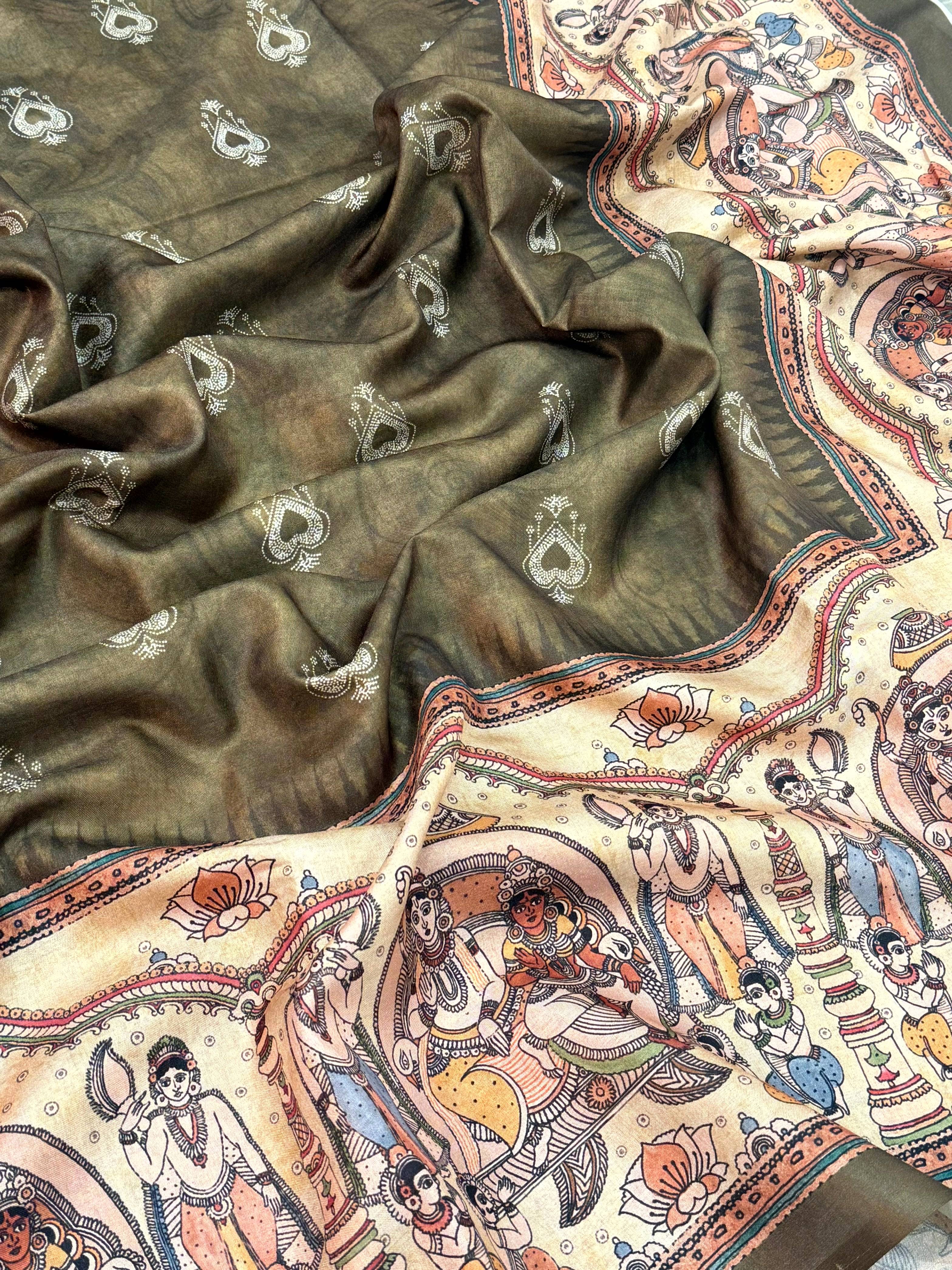 Vibrant Semi Tussar Silk Kalamkari Saree