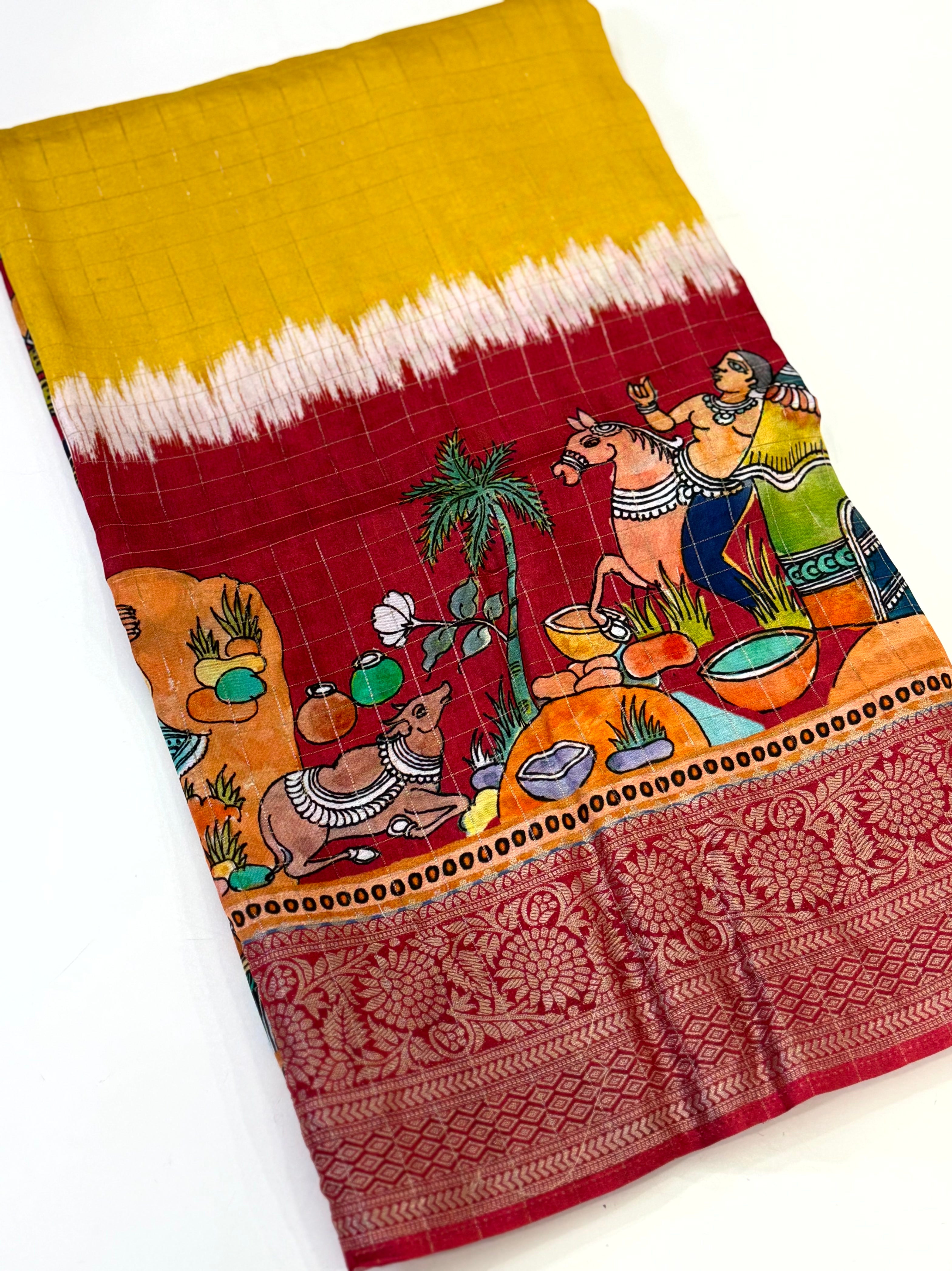 Stylish Pure Viscose Dola Check Saree


