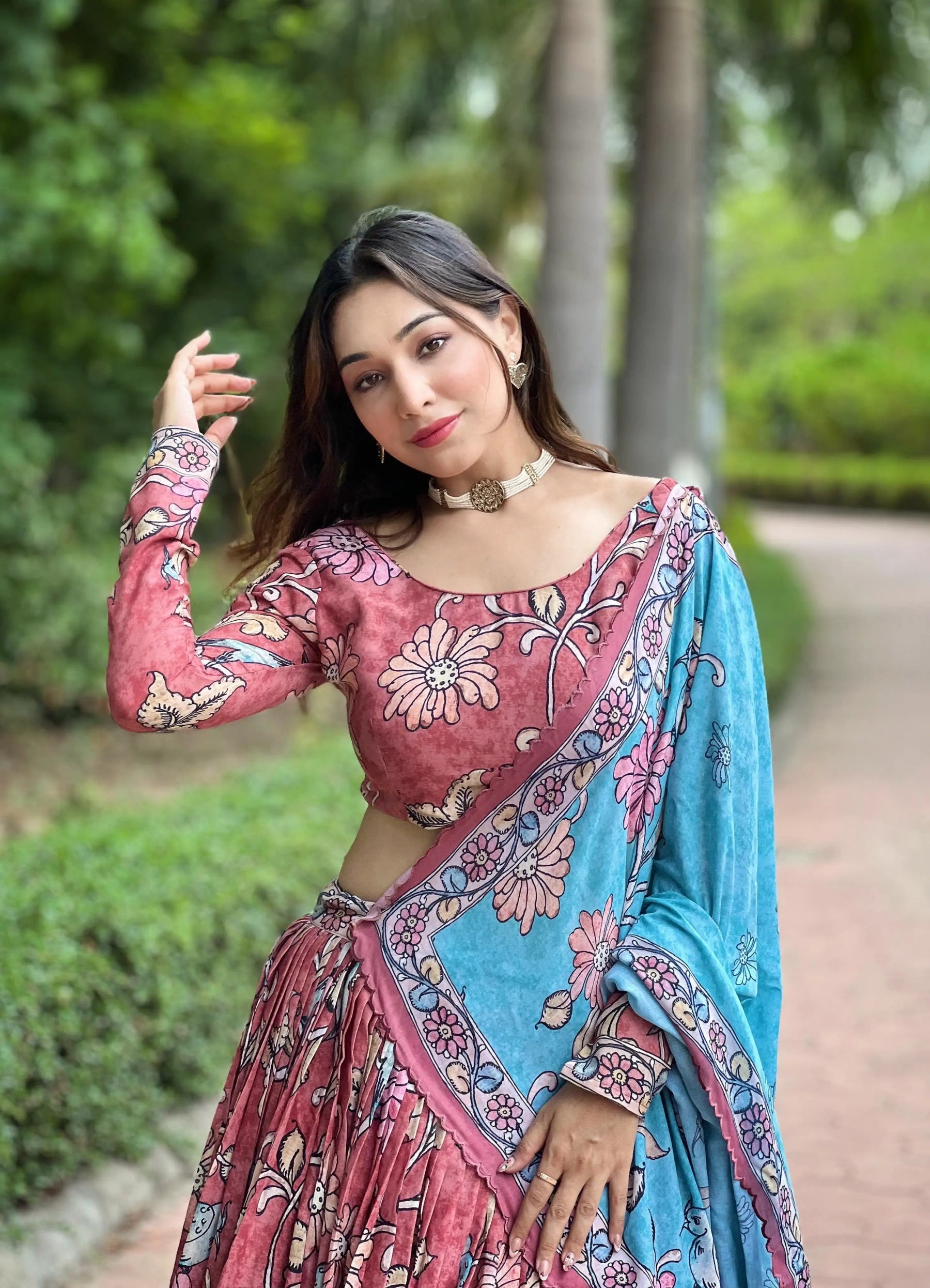 Close-up of Tharini Kalamkari Lehenga with intricate design
