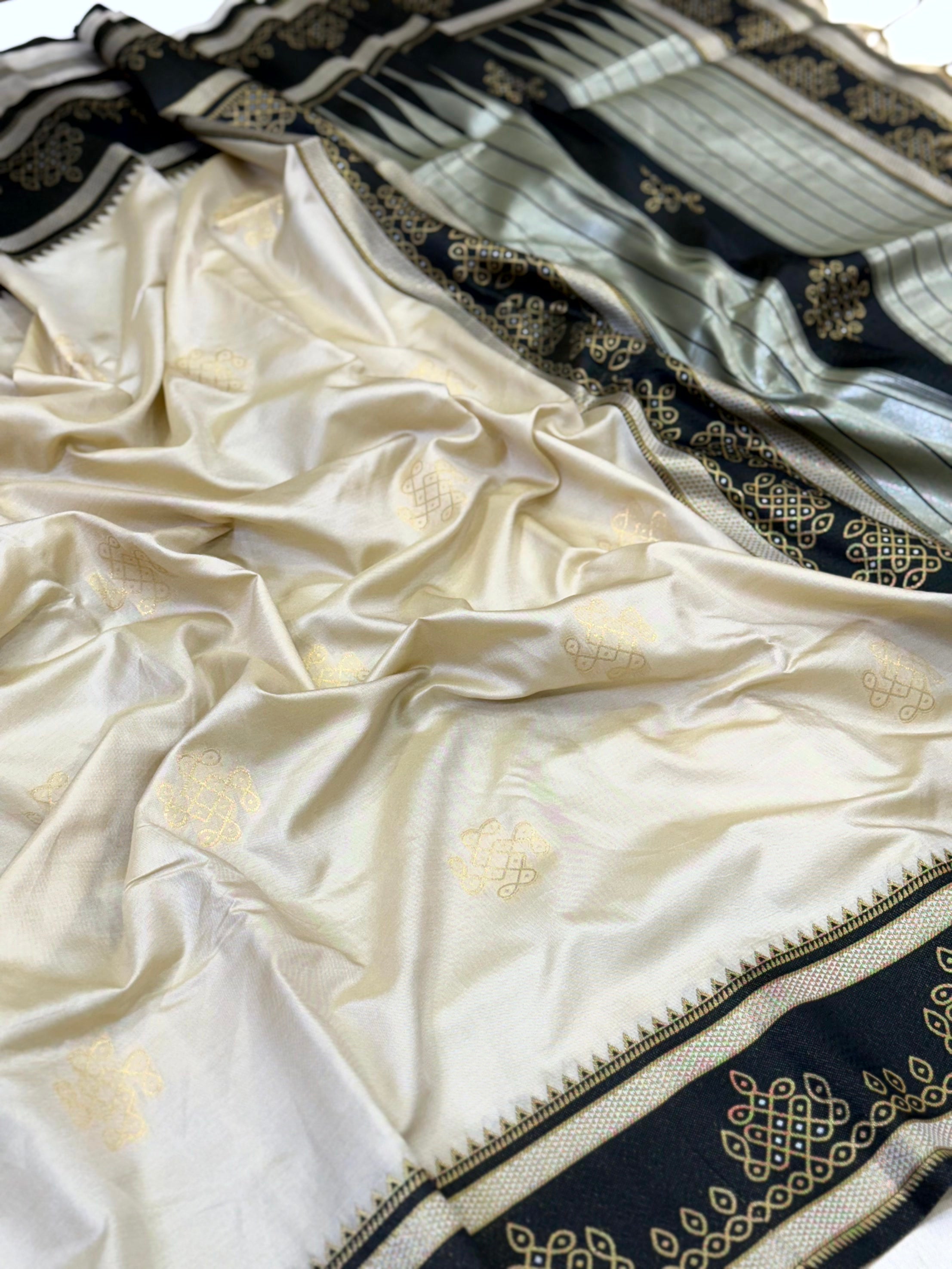 Cream Soft Silk Ikkat Kolam Saree