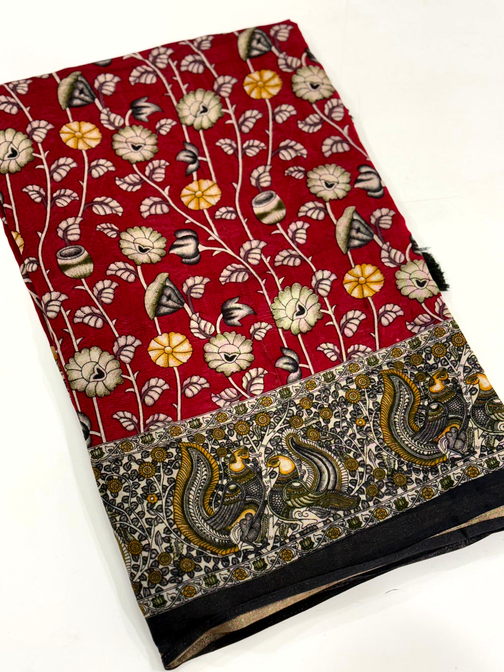 Red Mal Cotton Pen Kalamkari Saree