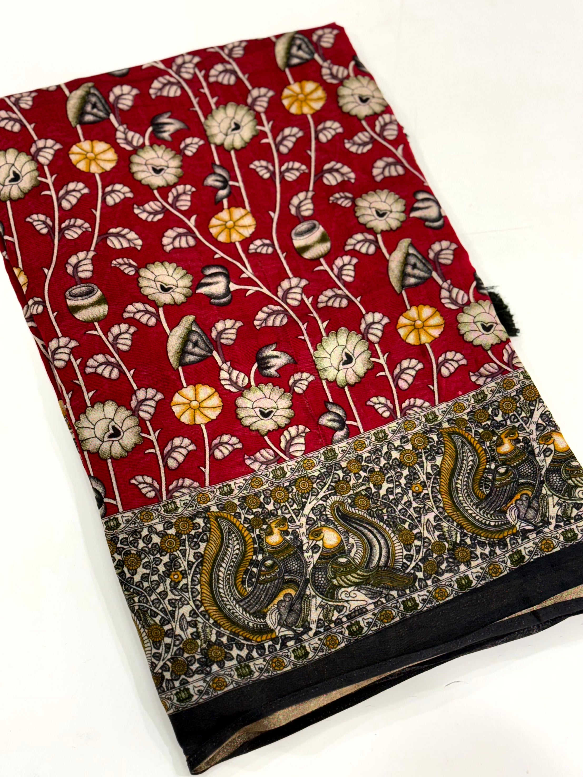 Red Mal Cotton Pen Kalamkari Saree