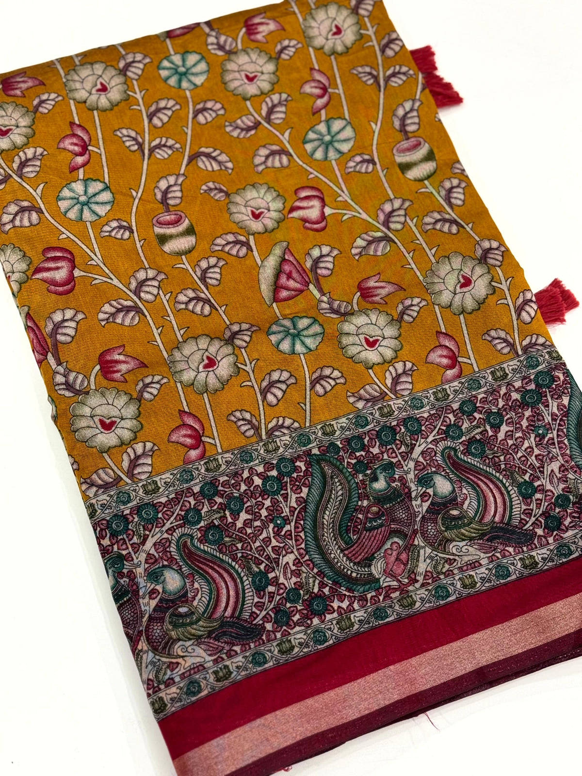 Yellow Mal Cotton Pen Kalamkari Saree


