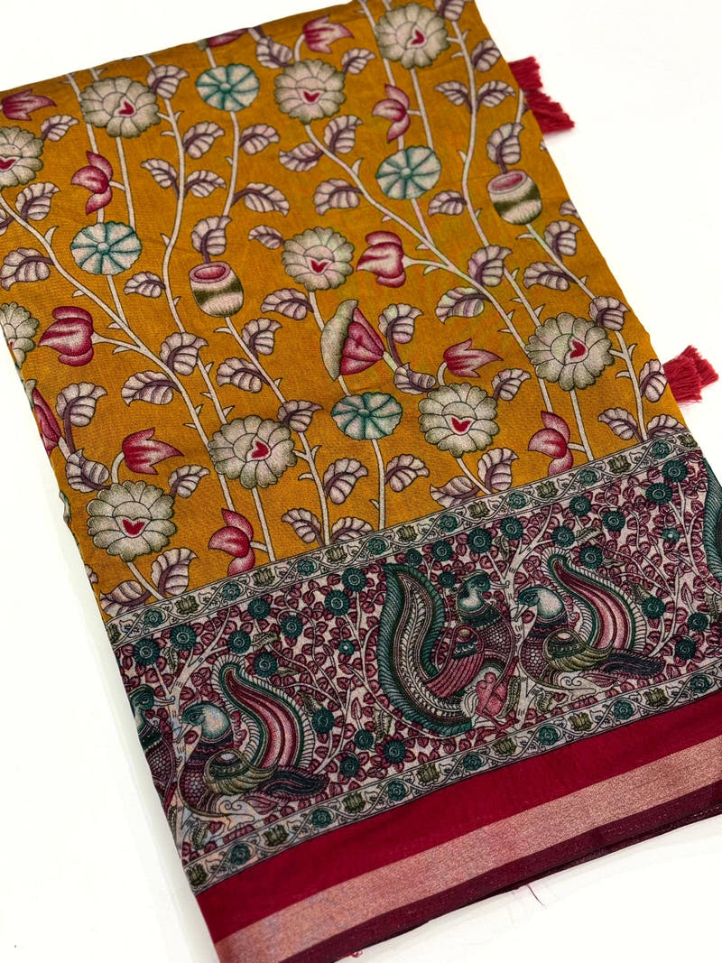 Yellow Mal Cotton Pen Kalamkari Saree


