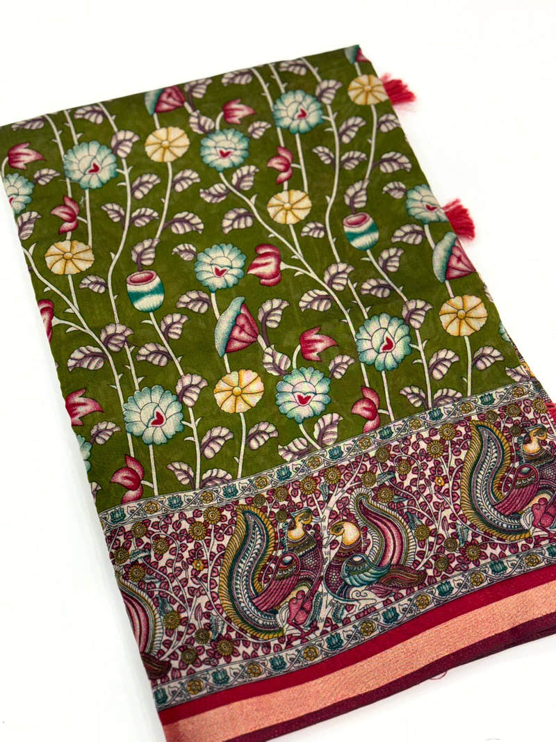 Green Mal Cotton Pen Kalamkari Saree