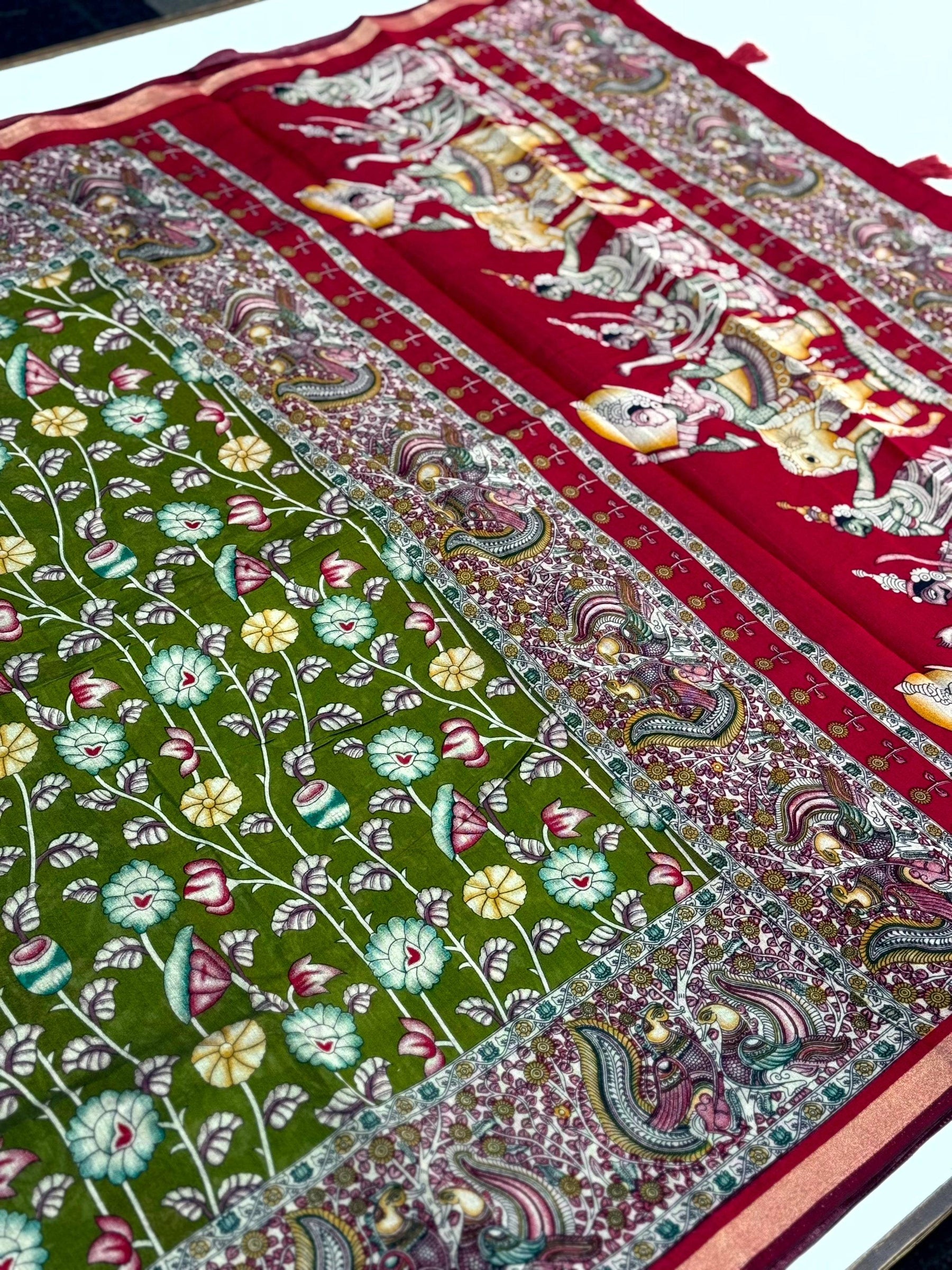 Green Mal Cotton Pen Kalamkari Saree