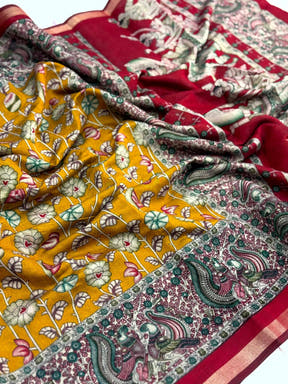 Yellow Mal Cotton Pen Kalamkari Saree


