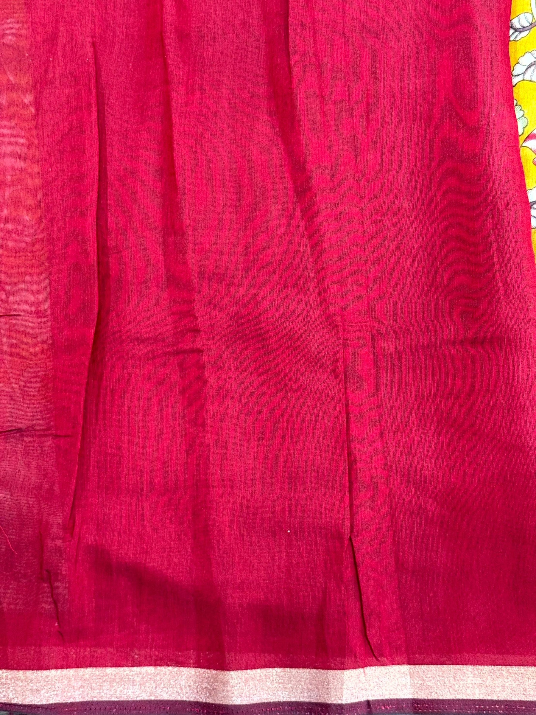 Yellow Mal Cotton Pen Kalamkari Saree


