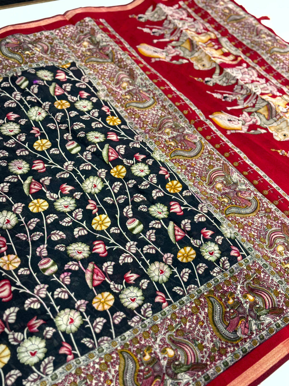 Black Mal Cotton Pen Kalamkari Saree