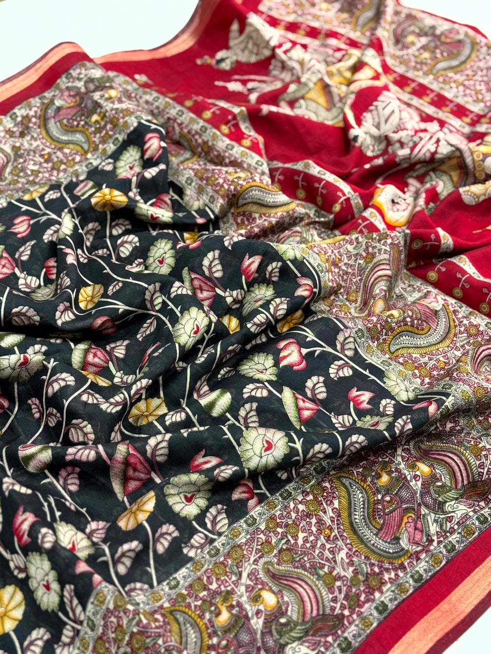 Black Mal Cotton Pen Kalamkari Saree