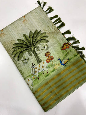 Elegant Soft Silk Pista Pichwai Prints Saree
