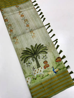 Elegant Soft Silk Pista Pichwai Prints Saree