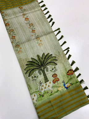 Elegant Soft Silk Pista Pichwai Prints Saree