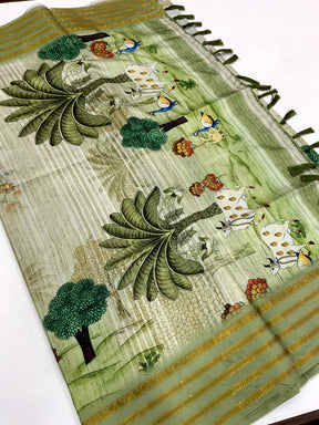 Elegant Soft Silk Pista Pichwai Prints Saree