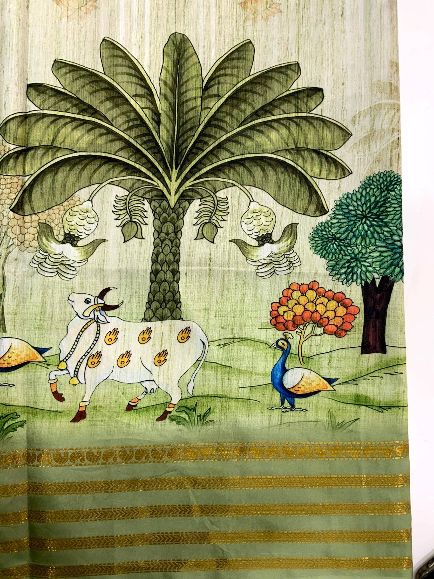 Elegant Soft Silk Pista Pichwai Prints Saree