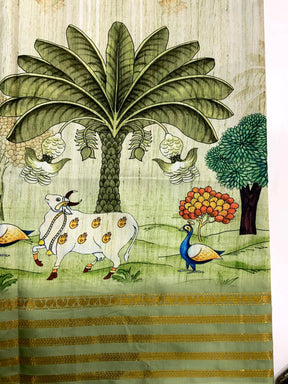 Elegant Soft Silk Pista Pichwai Prints Saree