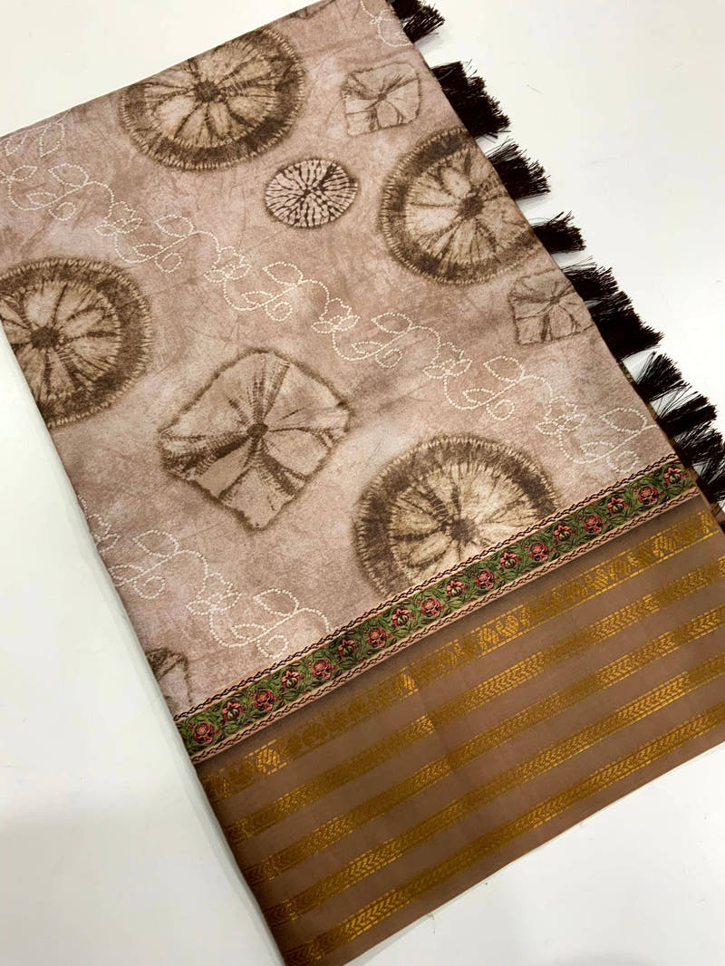 Brown Soft Silk Shibori Printed Saree