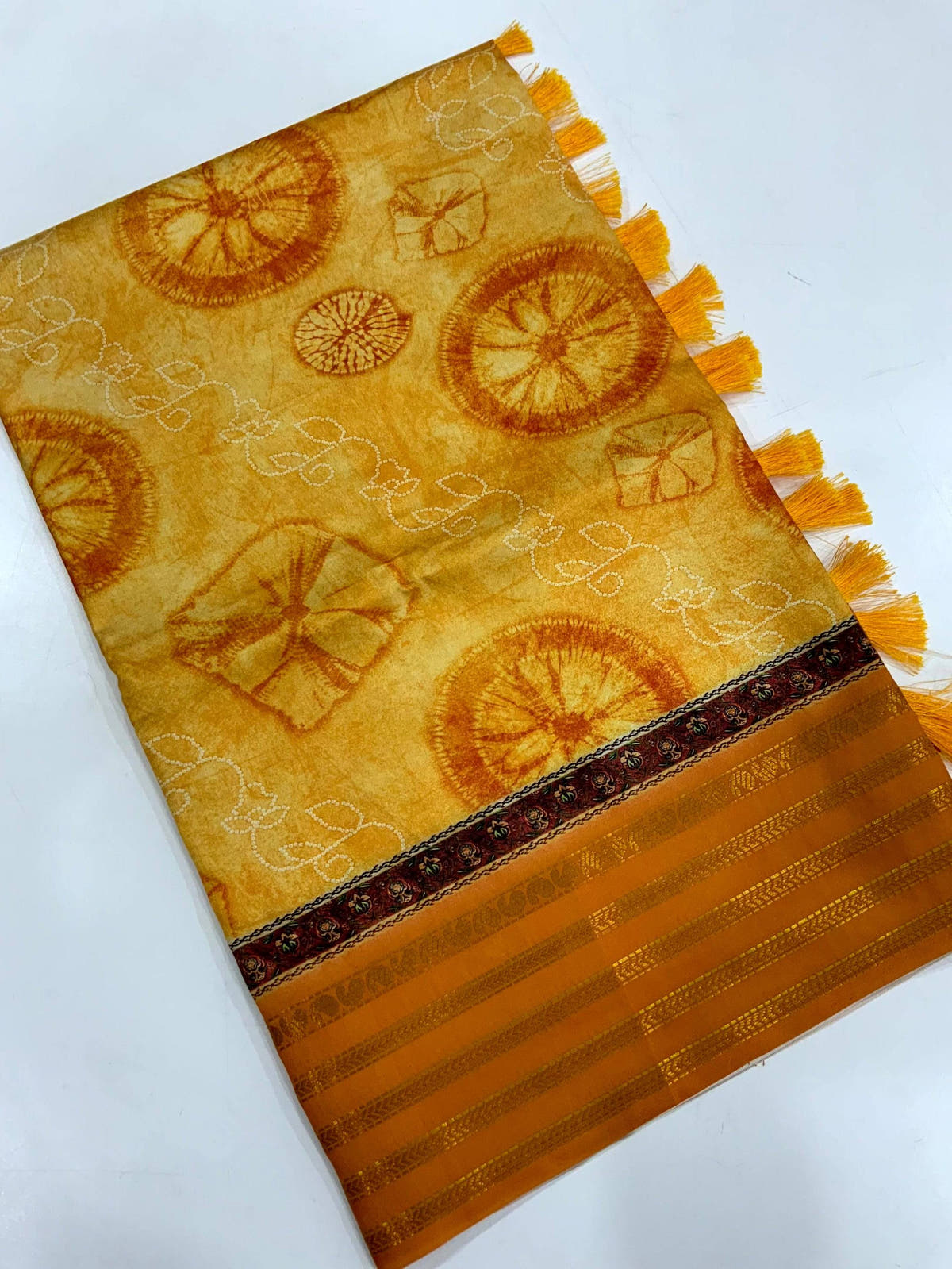 Mustard Soft Silk Shibori Printed Saree