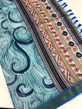 Blue Soft Silk Ocean Wave Patterns Saree