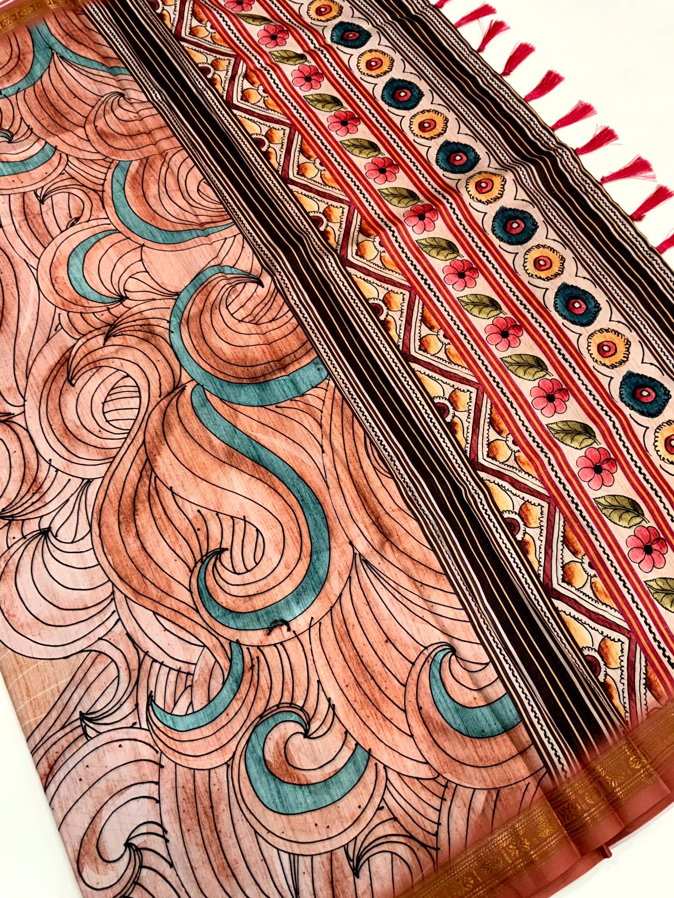 Pink Soft Silk Ocean Wave Patterns Saree
