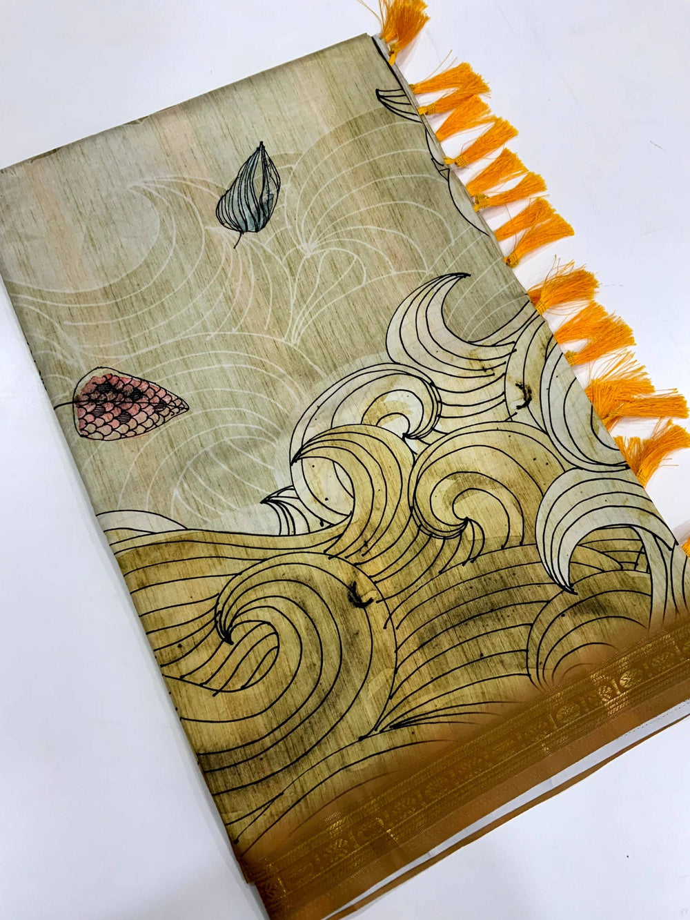 Olive Soft Silk Ocean Wave Patterns Saree