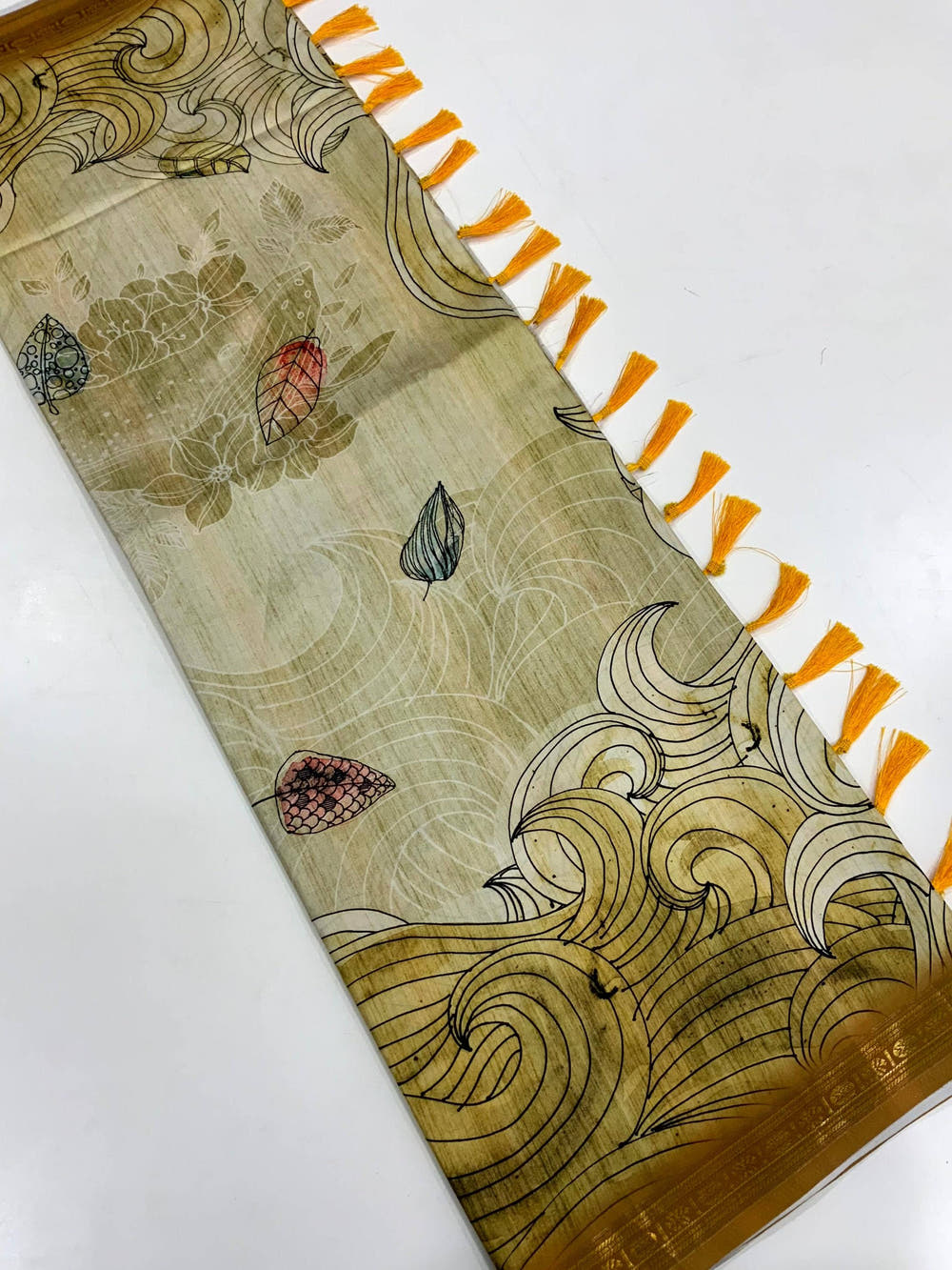 Olive Soft Silk Ocean Wave Patterns Saree