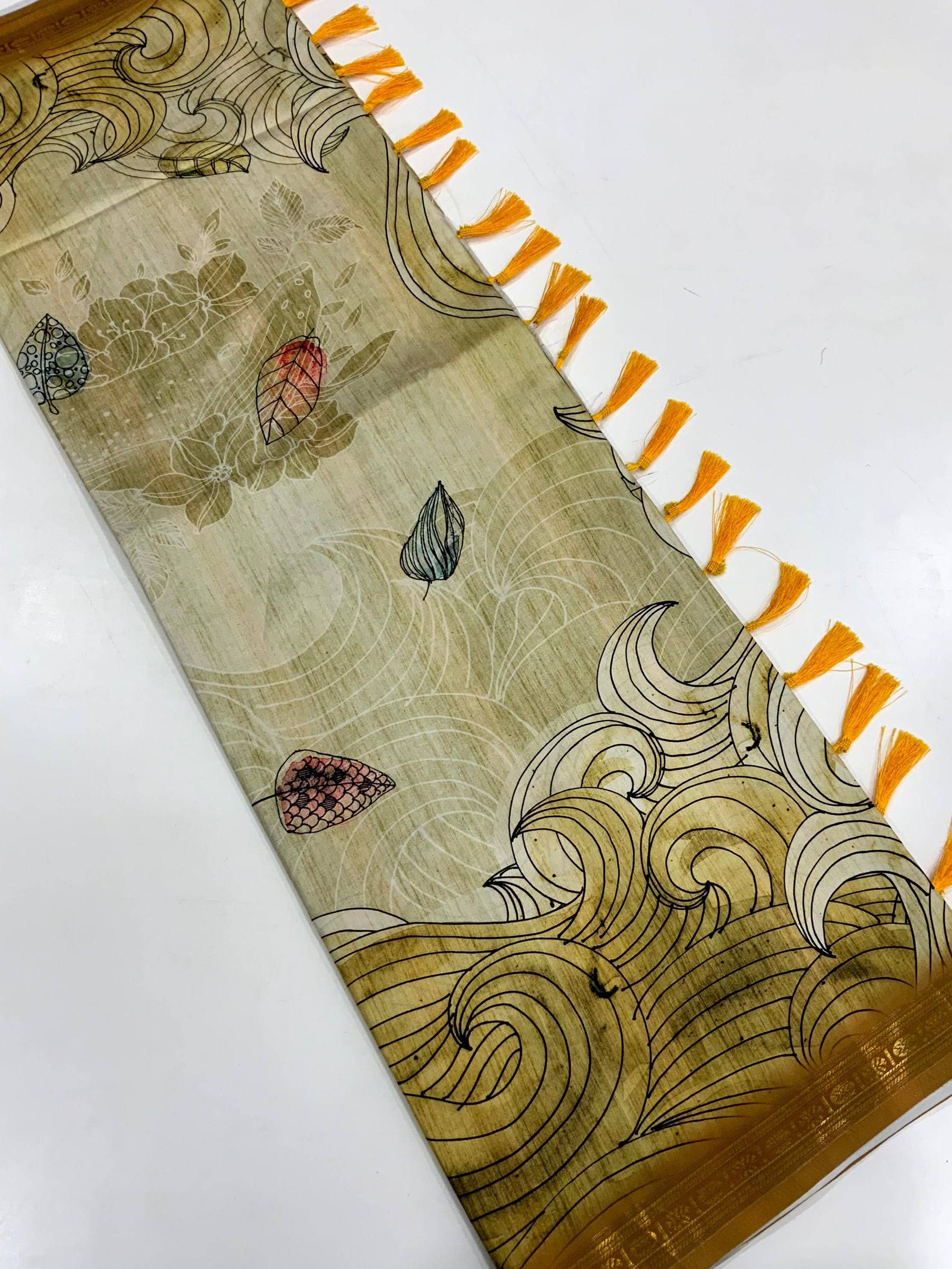 Olive Soft Silk Ocean Wave Patterns Saree