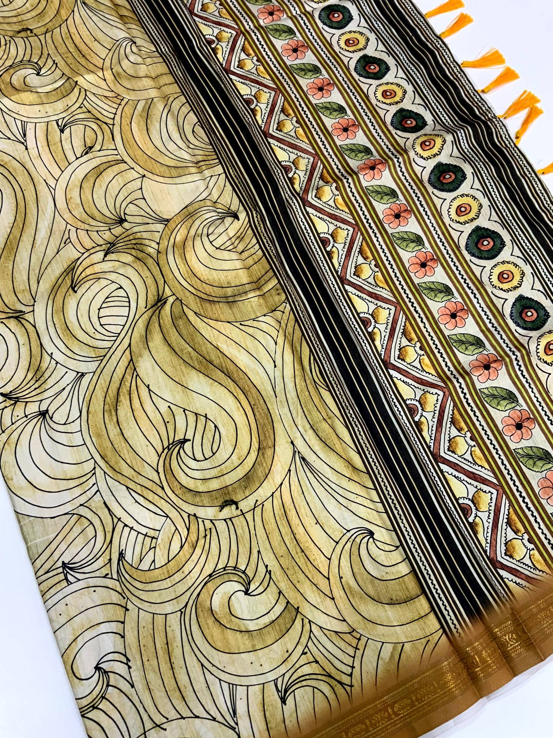 Olive Soft Silk Ocean Wave Patterns Saree
