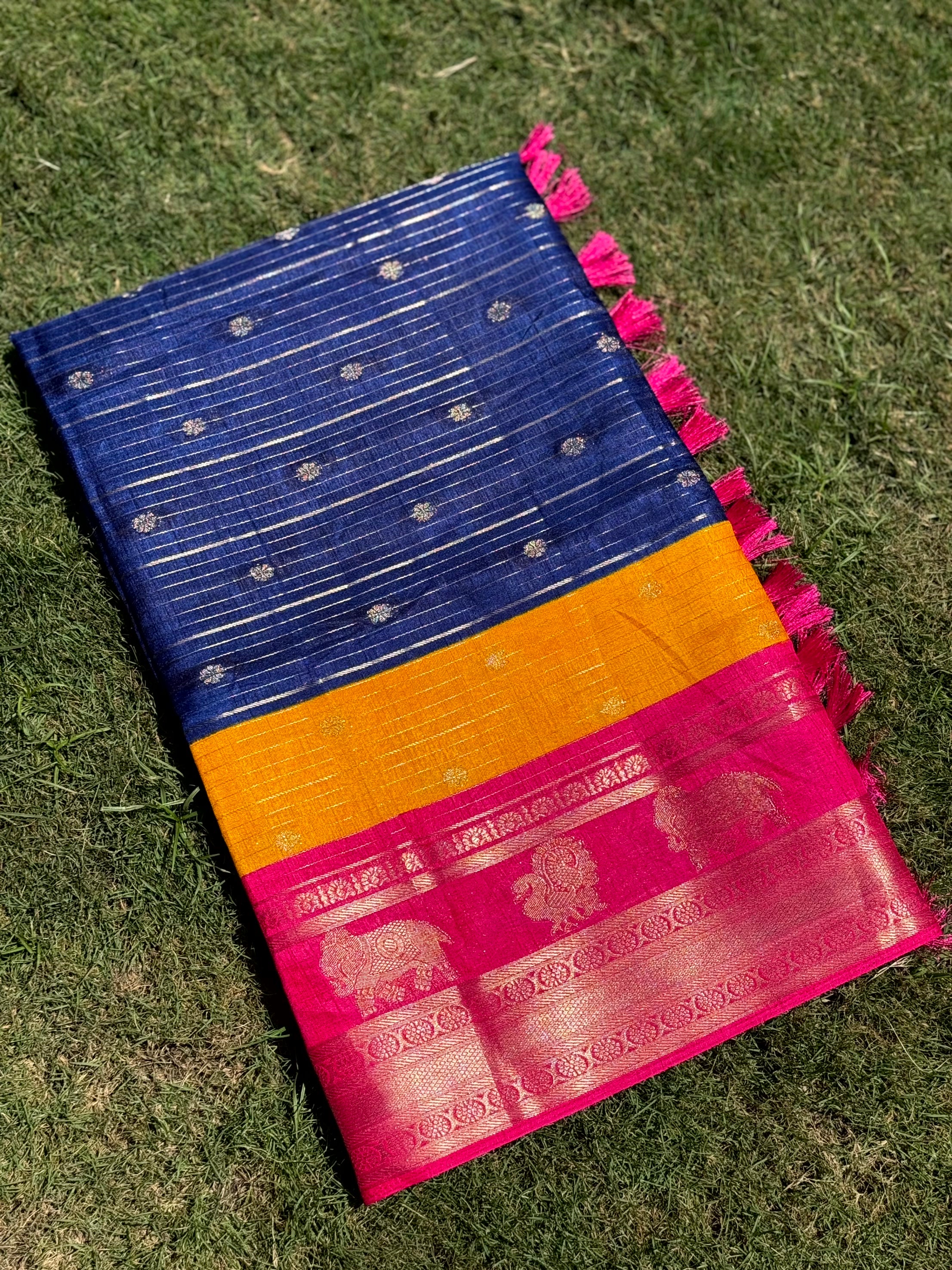 Royal Blue Soft Dola Silk Striped Print Saree